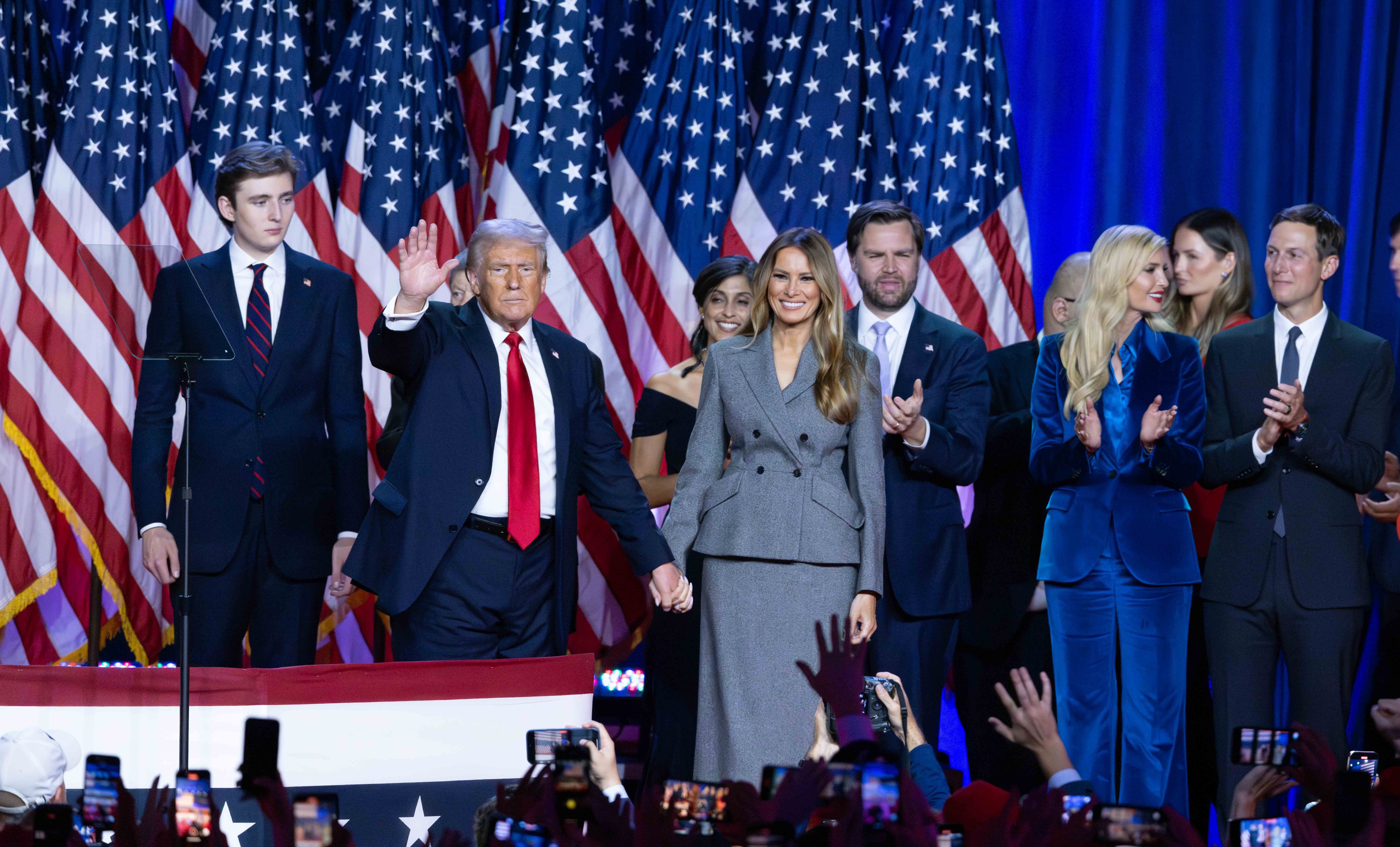 Surrounded by family members (Barron Trump, Melania Trump, Ivanka Trump and Jared Kushner) and supporters, Donald Trump makes his acceptance speech at his Election Night Watch Party at the Palm Beach County Convention Center in West Palm Beach, Fl., after being elected the 47th President of the United States November 5, 2024.