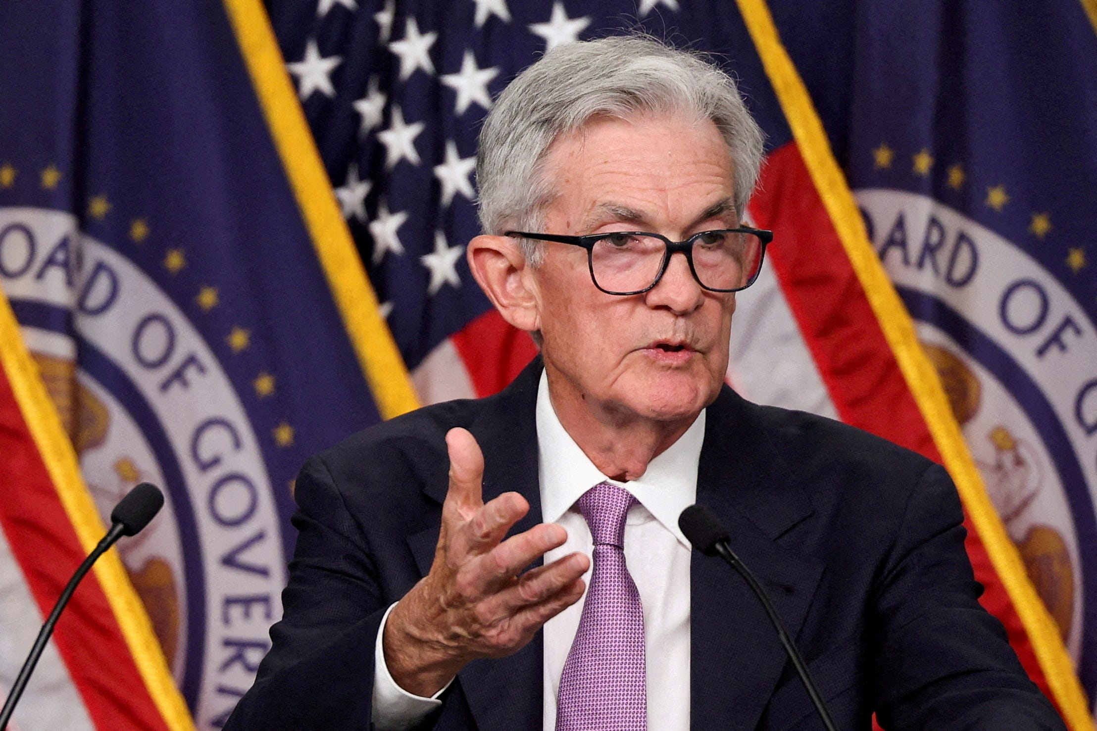 FILE PHOTO: Federal Reserve Board Chair Jerome Powell holds a press conference following a two-day meeting of the Federal Open Market Committee on interest rate policy in Washington, U.S., September 18, 2024. REUTERS/Tom Brenner/File Photo