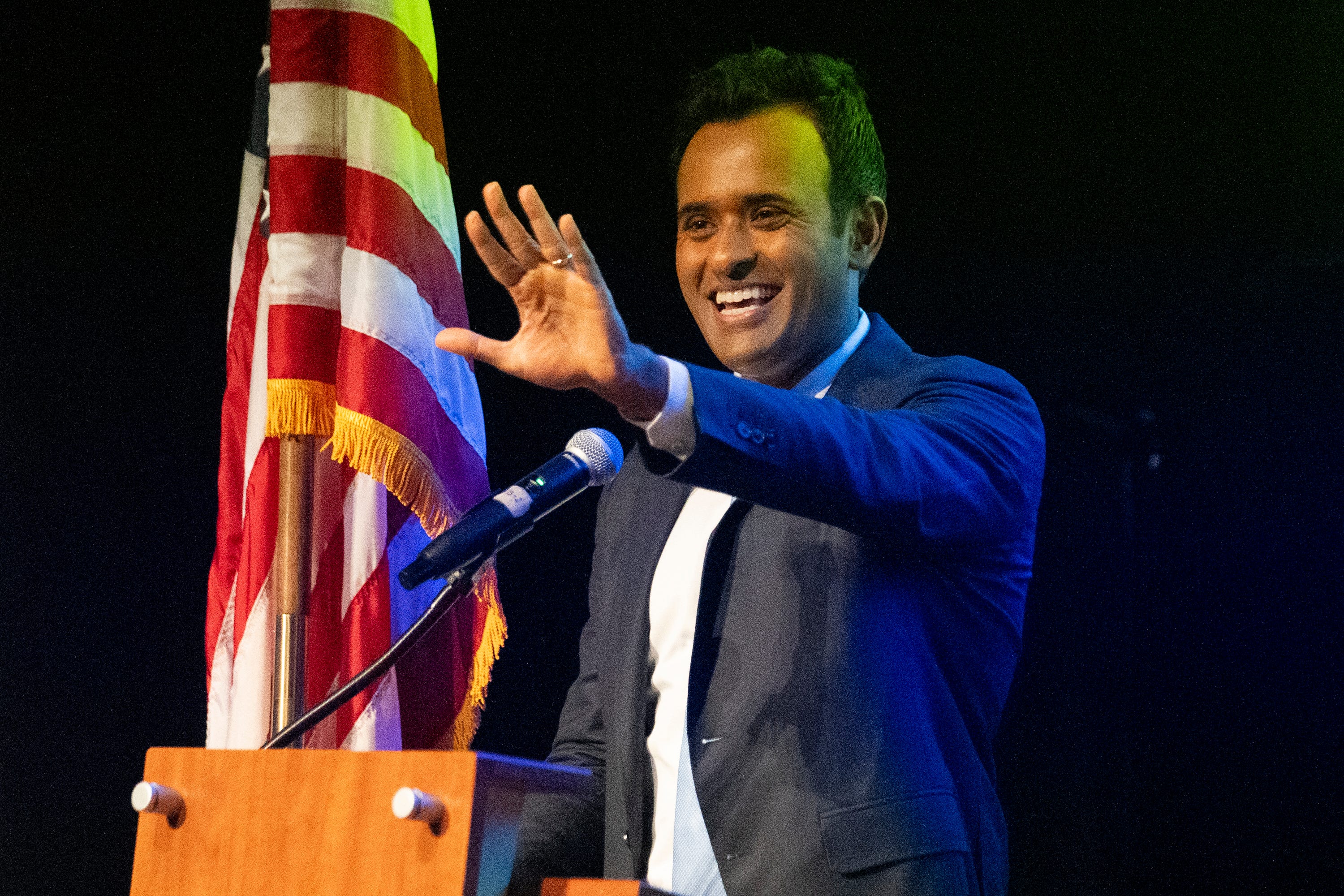 Vivek Ramaswamy, Former Presidential Candidate, speaks to a crowd at the Post-General Impact Ohio By Ohio Chamber of Commerce event at COSI, Thursday, Nov 7, 2024, in Columbus, Ohio.
