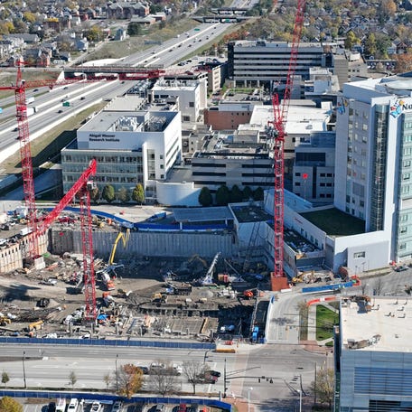The foundation of a new 14-story inpatient hospital tower is visible on the Nationwide Children's Hospital campus November 7, 2024. The new building will mirror the existing 12-story tower that opened in 2012.