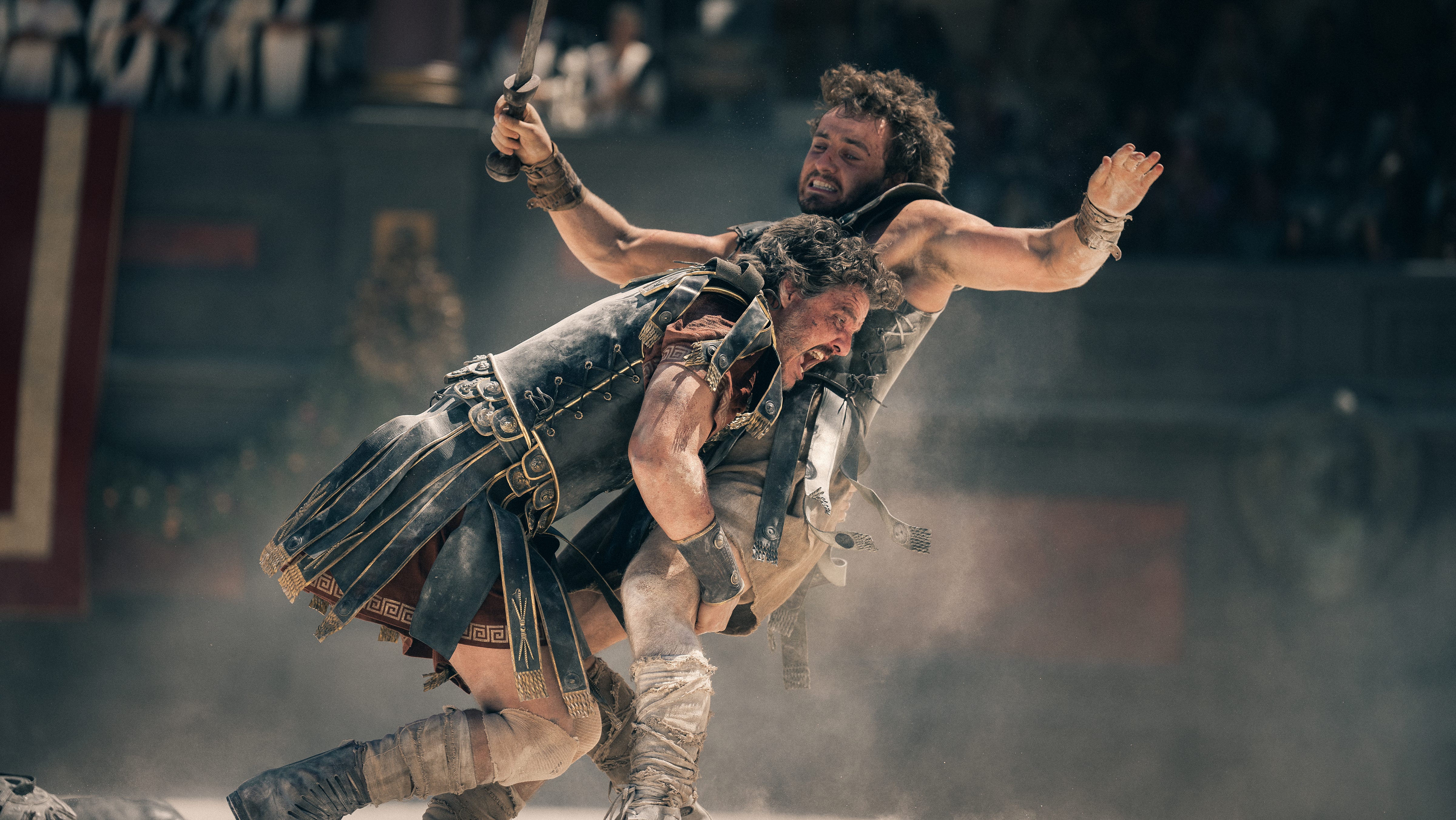 General Acacius (Pedro Pascal, left) and Lucius (Paul Mescal) throw down in the Colosseum in Ridley Scott's epic sequel "Gladiator II."
