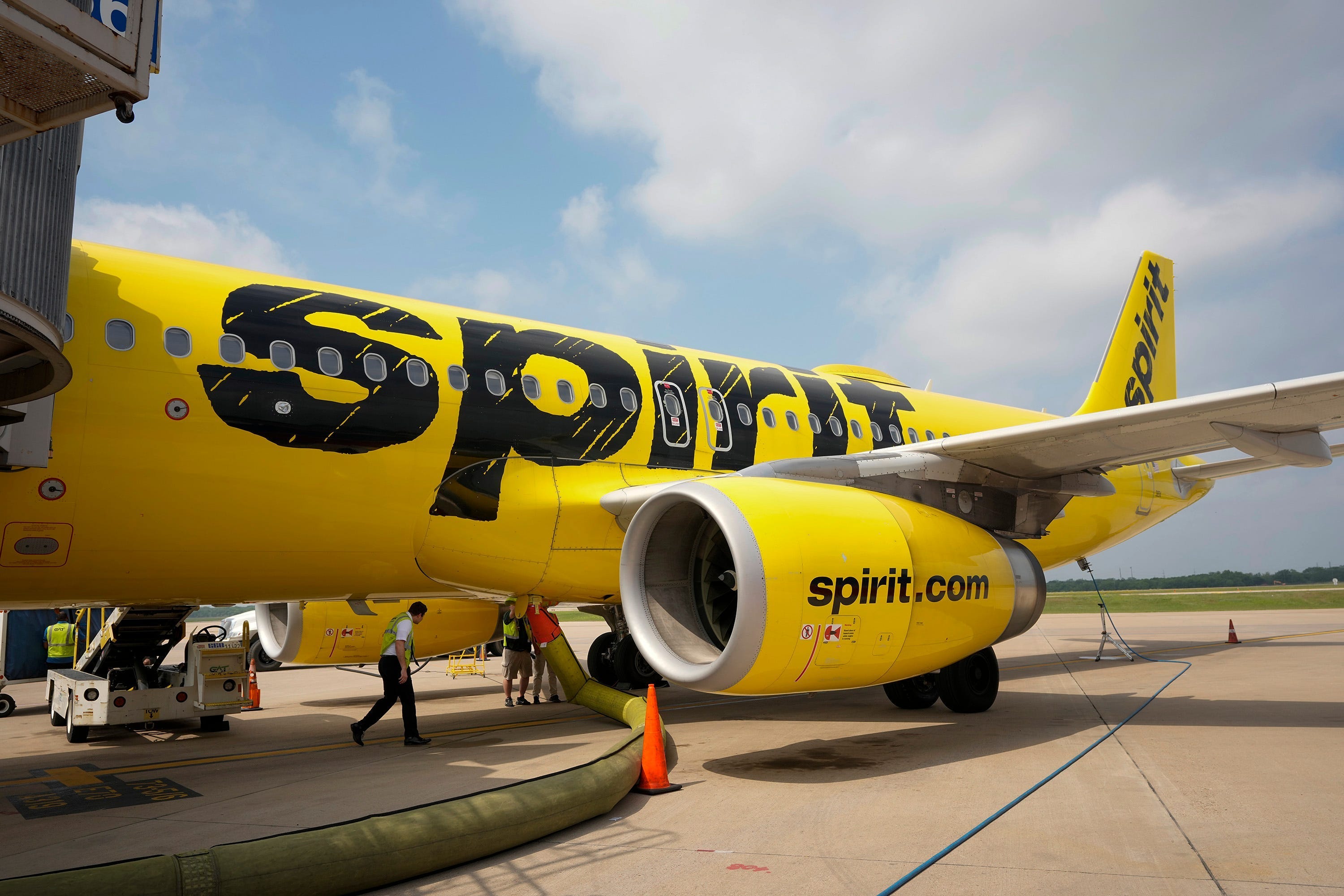 A Spirit Airlines plane on the tarmac at Austin-Bergstrom International Airport in Austin, Texas on Thursday April 18, 2024.