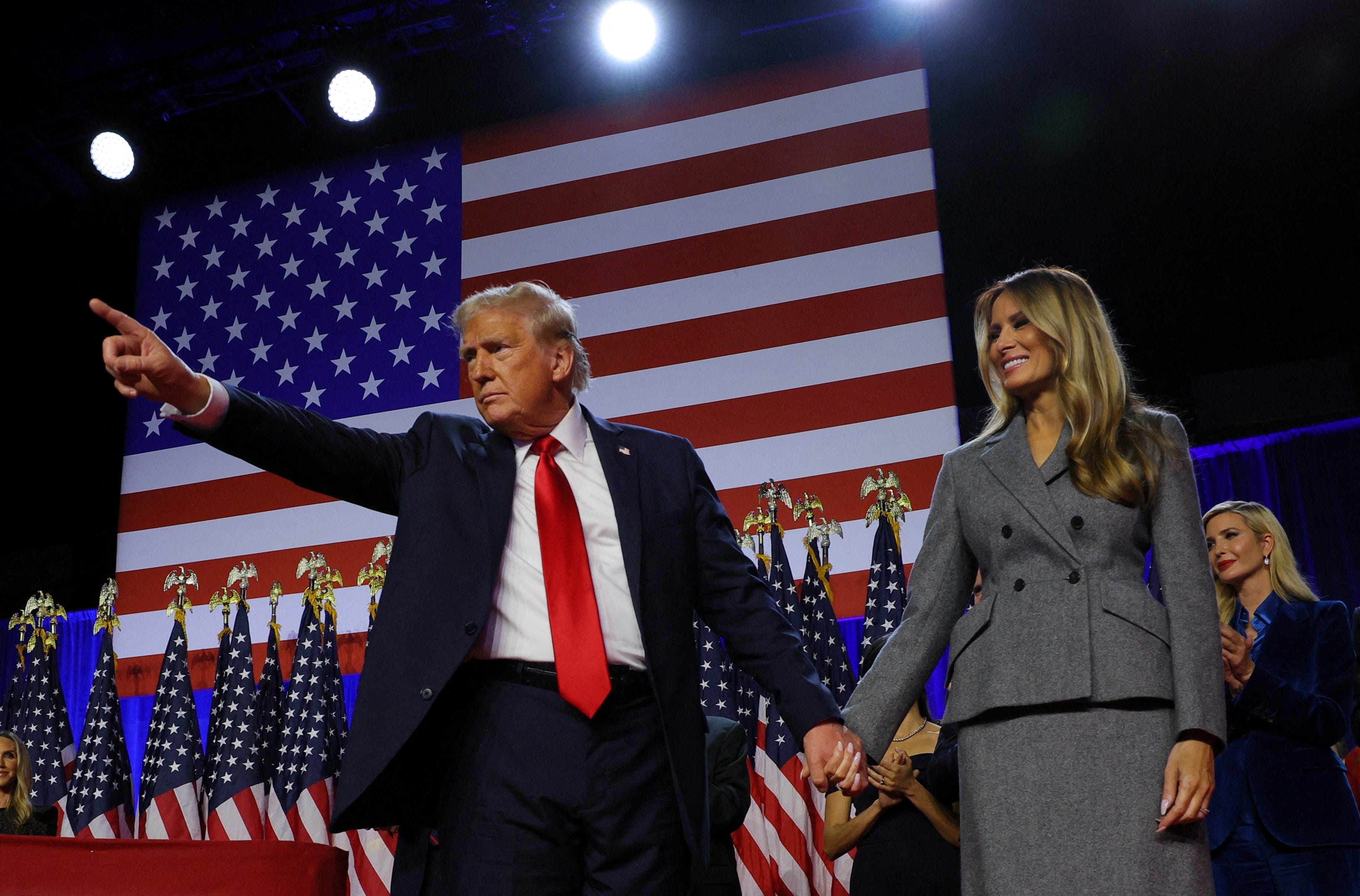 Former President Donald Trump and former first lady Melania Trump celebrate his reelection early Nov. 6, 2024, in West Palm Beach, Fla.