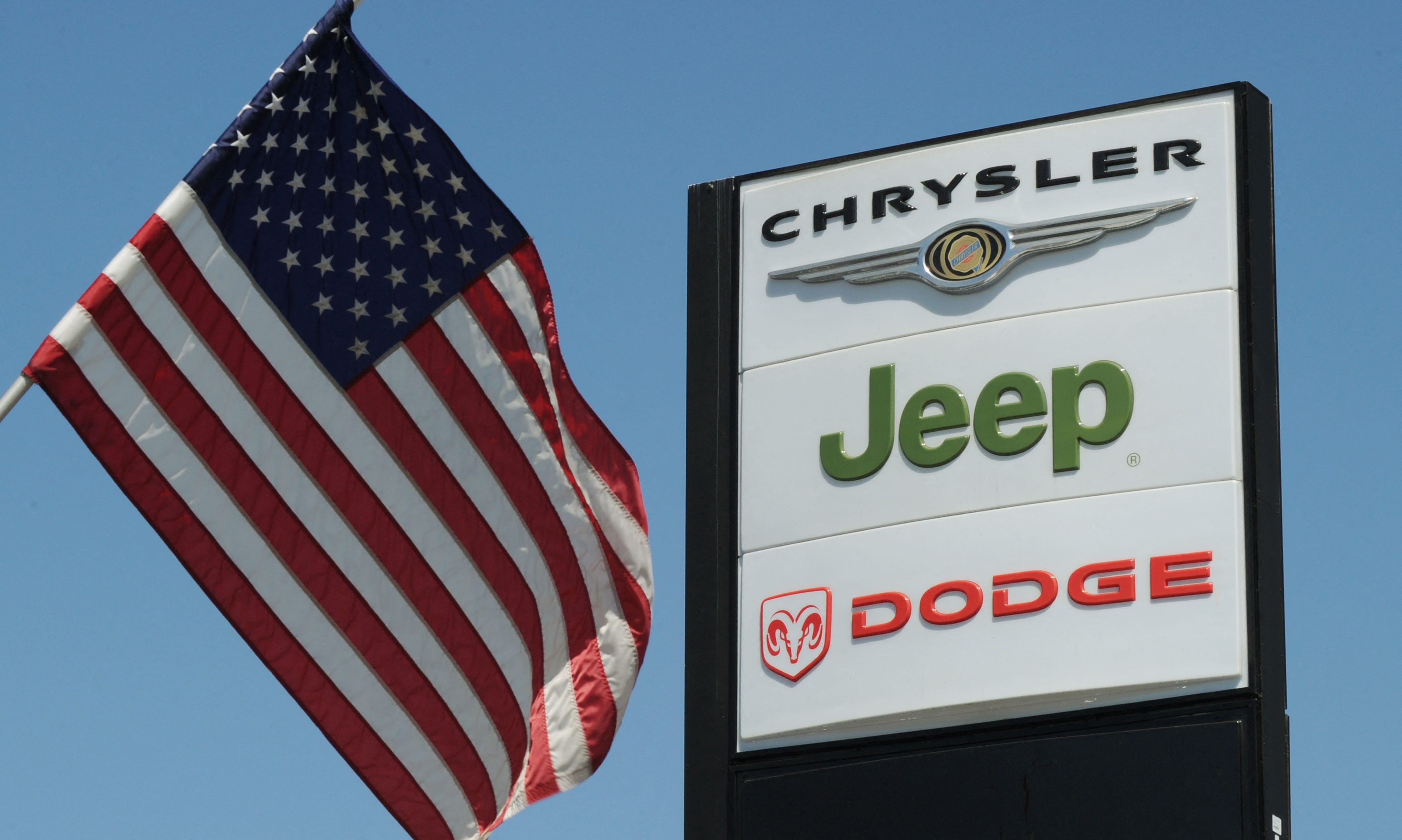 View of a Chrysler Jeep Dodge sign at a Chrysler dealer in Los Angeles on September 3, 2010. Chrysler reported its August car sales in the United States rose by seven percent compared to the same month in 2009. The automaker sold 99,611 cars in August compared to 93,222 units the previous year, marking the fifth consecutive month of year-over-year increases, it said in a statement. August sales were also up seven percent compared to July, it said.   AFP   PHOTO/Mark RALSTON (Photo by MARK RALSTON / AFP) (Photo by MARK RALSTON/AFP via Getty Images)