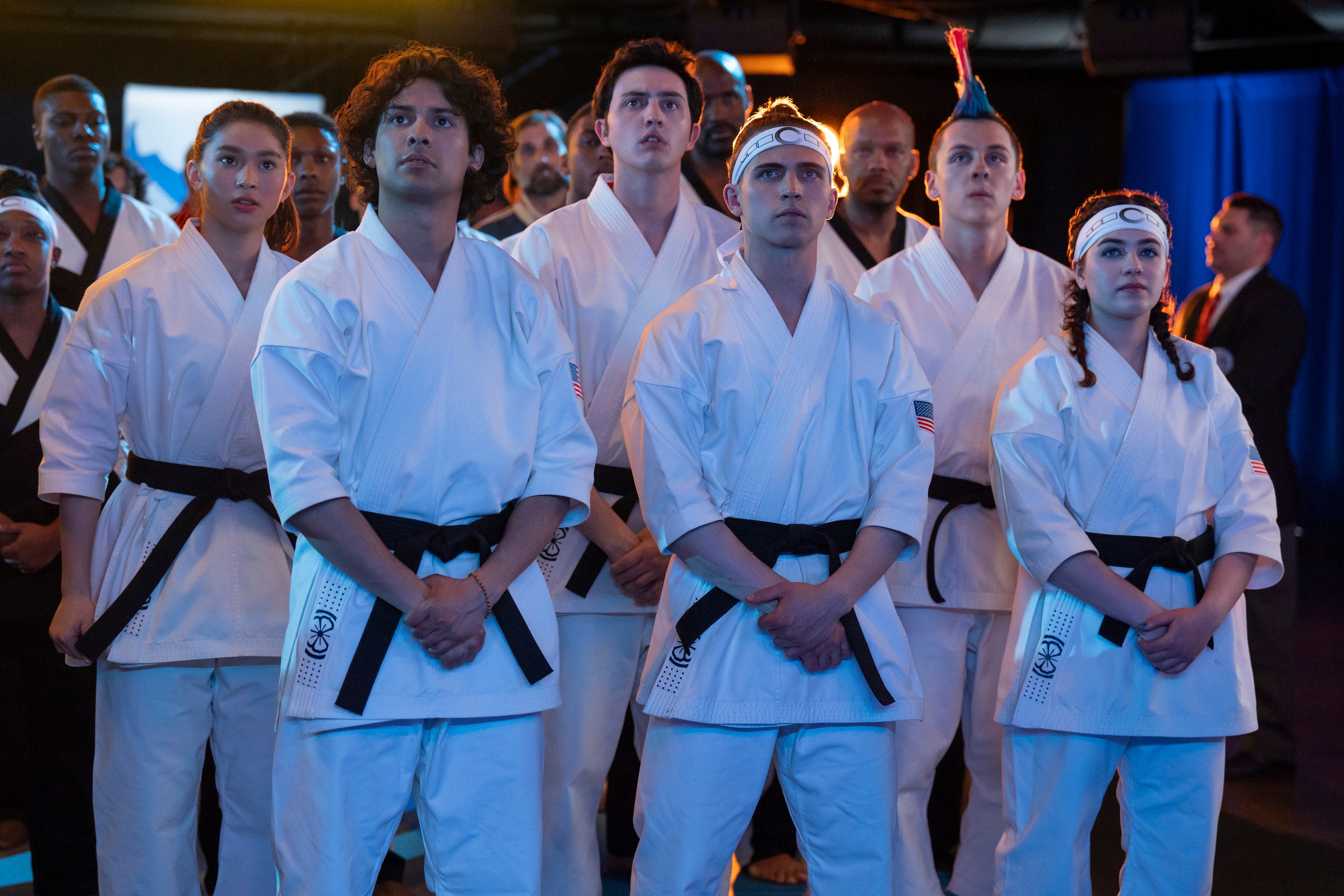 L to R: Oona O'Brien as Devon, Xolo Maridueña as Miguel Diaz, Gianni DeCenzo as Demetri, Jacob Bertrand as Eli 'Hawk' Moskowitz, Mary Mouser as Samantha LaRusso in "Cobra Kai."