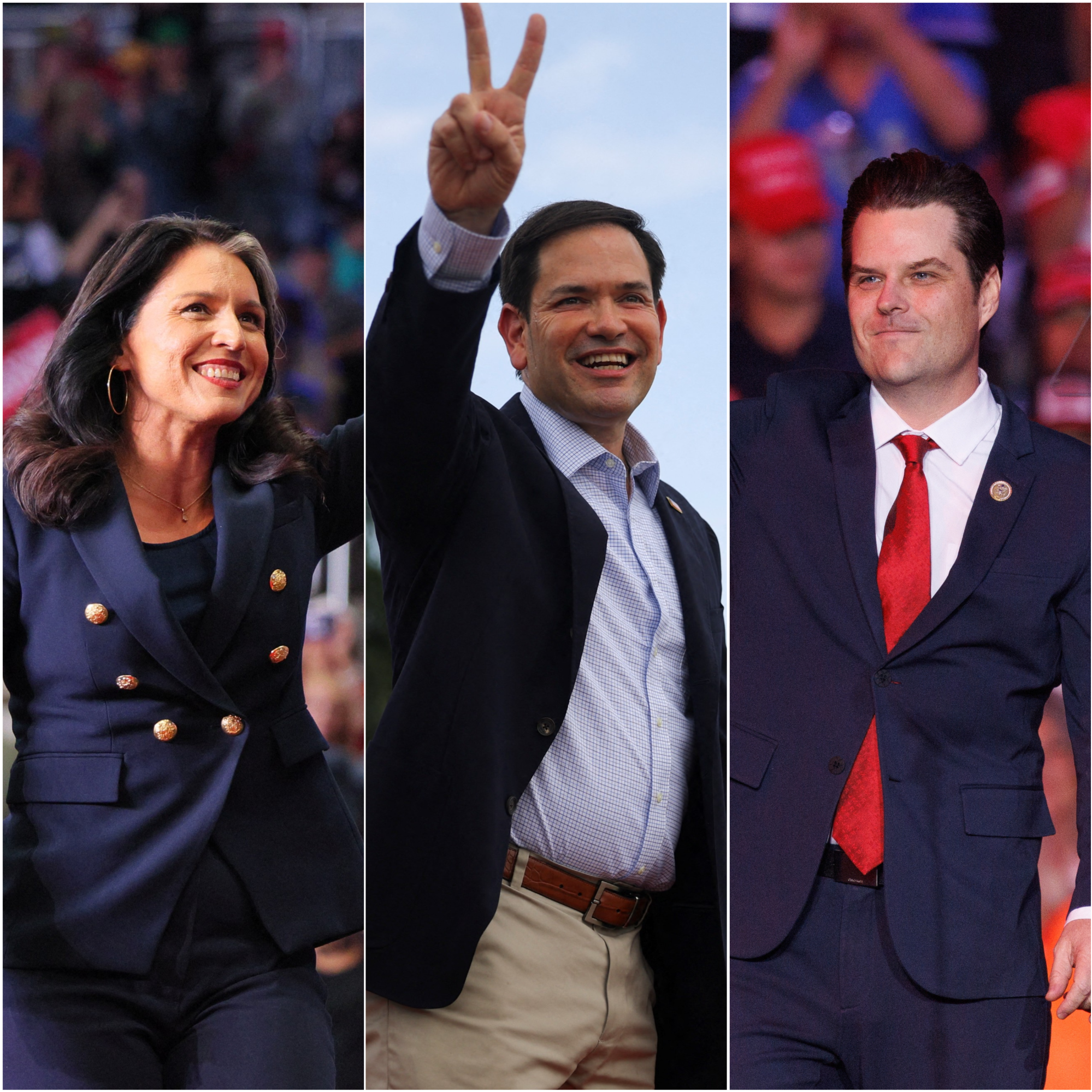Former U.S. Rep. Tulsi Gabbard attends a campaign rally in Pittsburgh on Nov. 4, 2024. / U.S. Senator Marco Rubio at a campaign rally in Doral, Florida on July 9, 2024. / Congressman Matt Gaetz attends a campaign rally in Henderson, Nevada on Oct. 31, 2024.