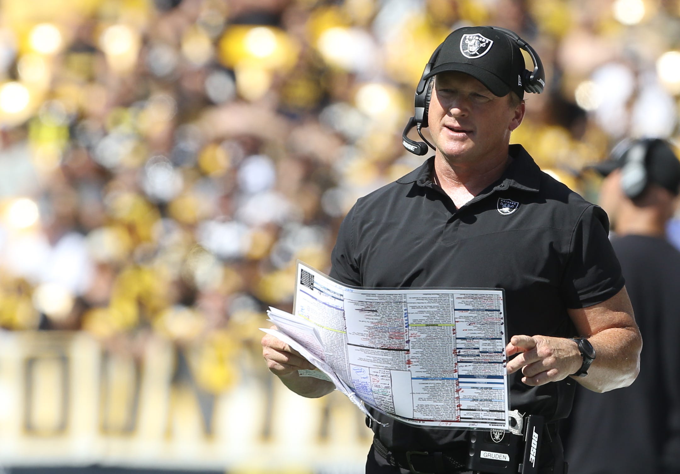 Jon Gruden looks on from the sidelines in 2021 during the Las Vegas Raiders' game against the Pittsburgh Steelers at Heinz Field.