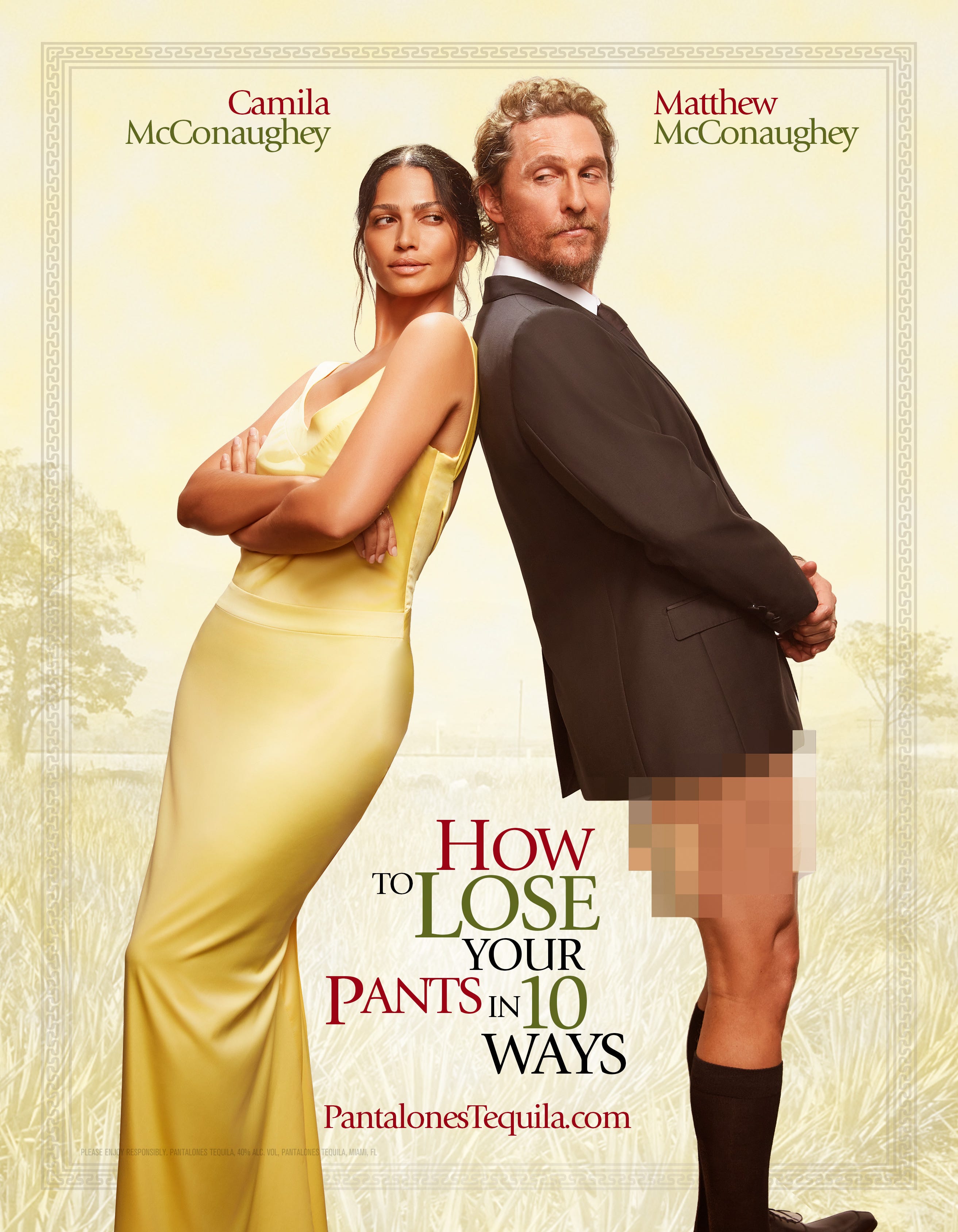 Matthew McConaughey and his wife Camila Alves McConaughey recreate the poster of "How to Lose a Guy in 10 Days" for Pantalones Organic Tequila.