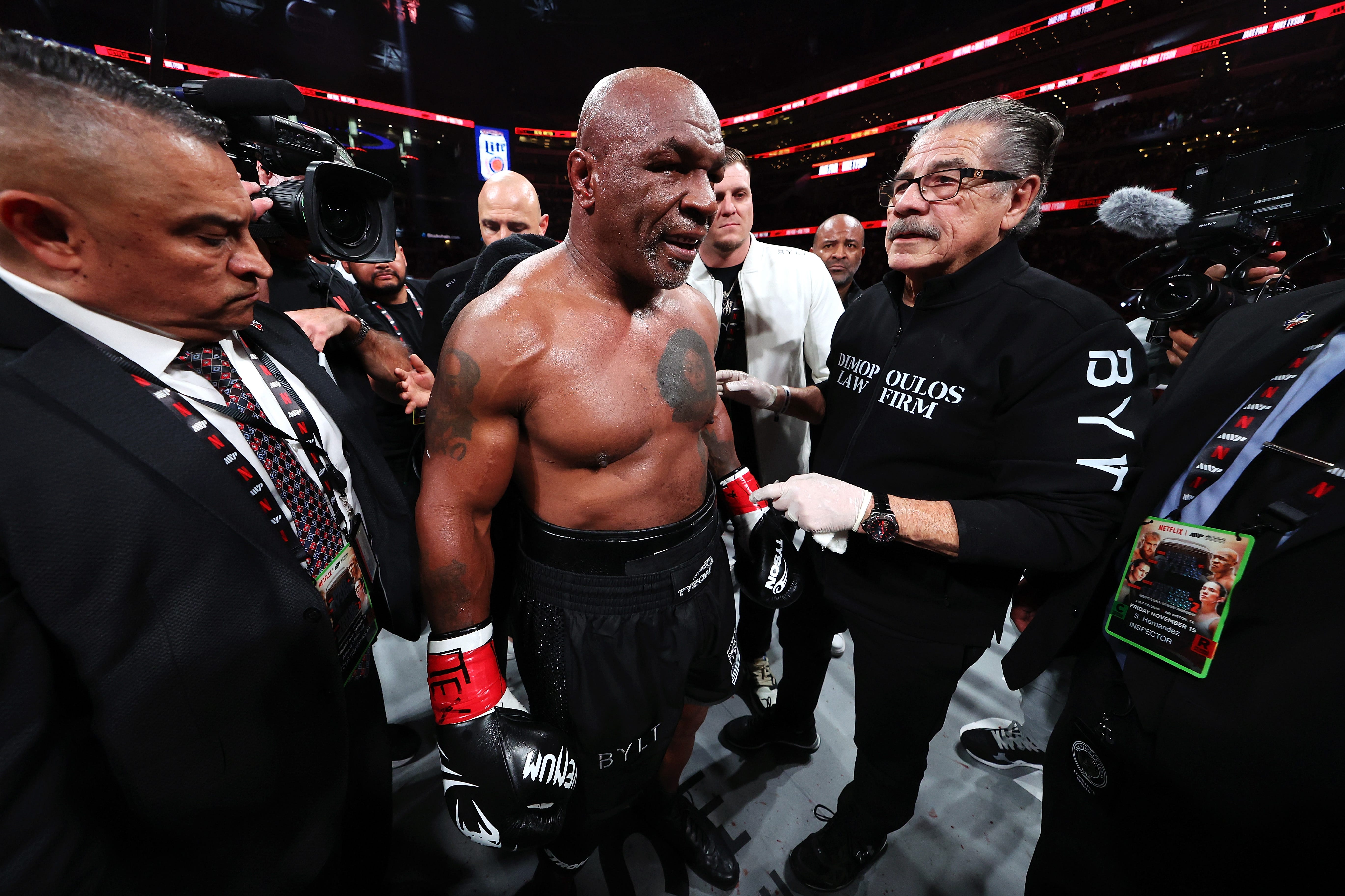 ARLINGTON, TEXAS - NOVEMBER 15: Mike Tyson post fight during LIVE On Netflix: Jake Paul vs. Mike Tyson at AT&T Stadium on November 15, 2024 in Arlington, Texas. (Photo by Al Bello/Getty Images for Netflix Â© 2024)