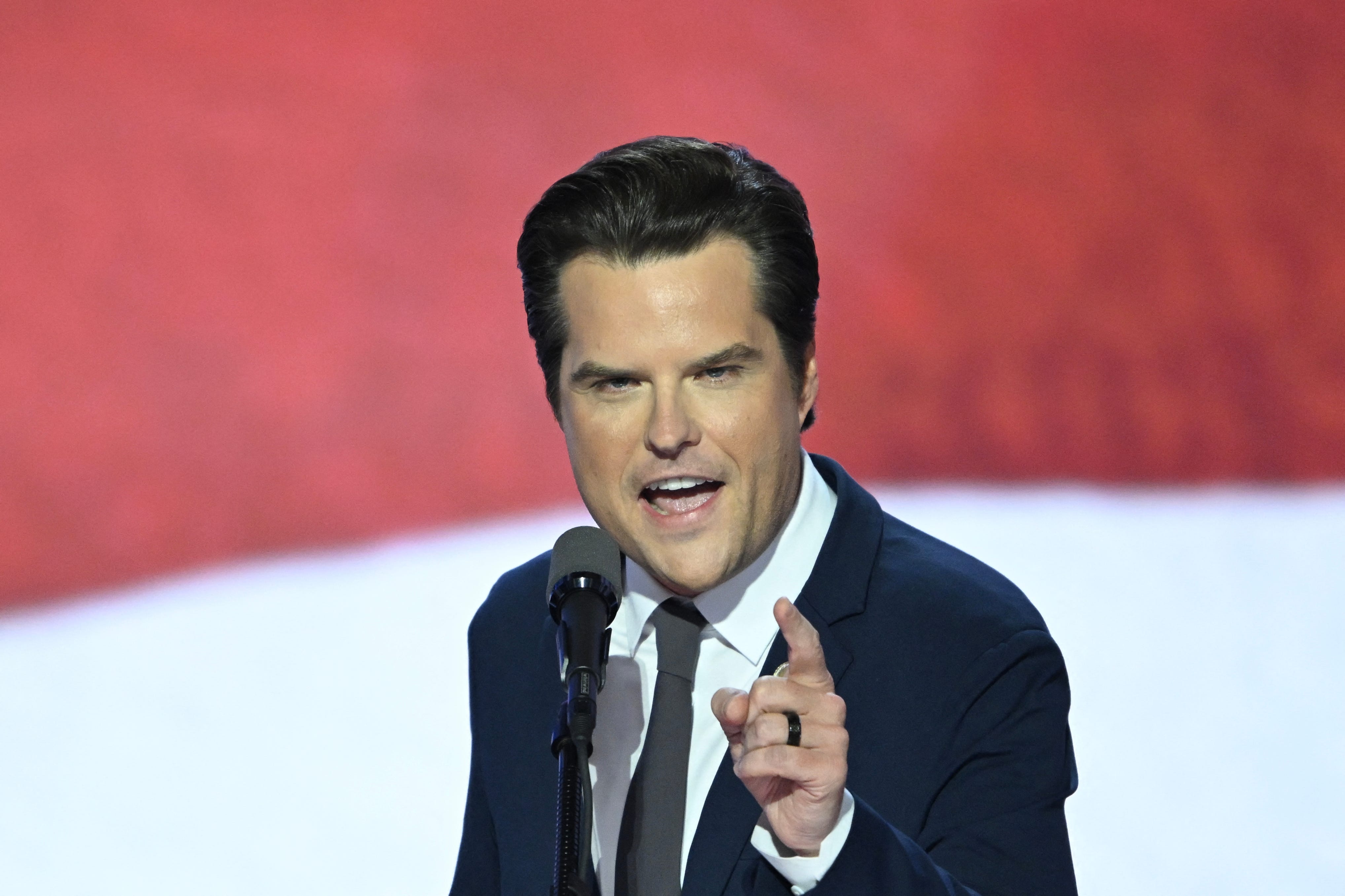 US Rep. Matt Gaetz, Republican of Florida, speaks during the third day of the 2024 Republican National Convention at the Fiserv Forum in Milwaukee, Wisconsin, on July 17, 2024.