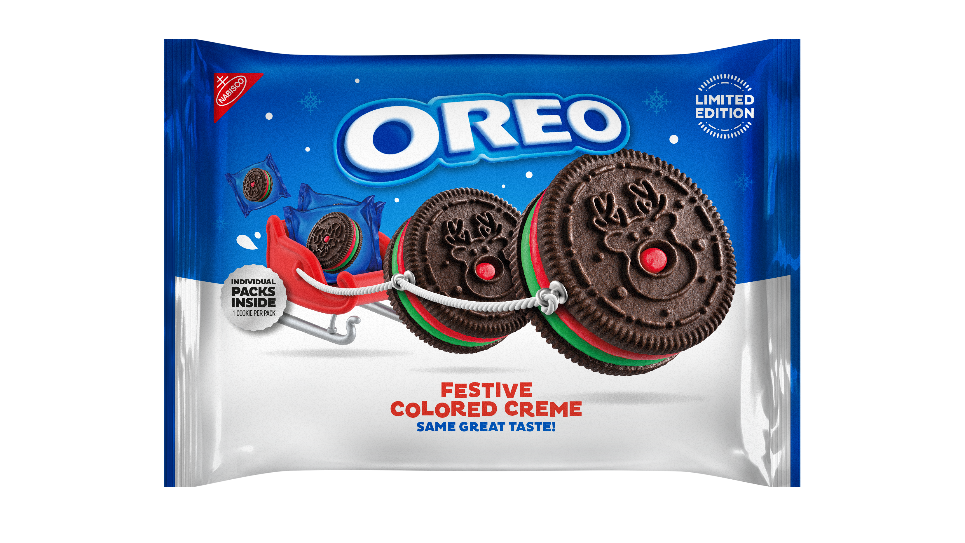 A 14-count of Limited Edition Oreo Festive Cookies, only available at Walmart and Target. The cookies include five different embossments, including a candy cane, gingerbread man, penguin, snowman and red-nose Rudolph.