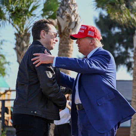 U.S. President-elect Donald Trump greets Elon Musk before attending a viewing of the launch of the sixth test flight of the SpaceX Starship rocket, in Brownsville, Texas, U.S., November 19, 2024 . Brandon Bell/Pool via REUTERS