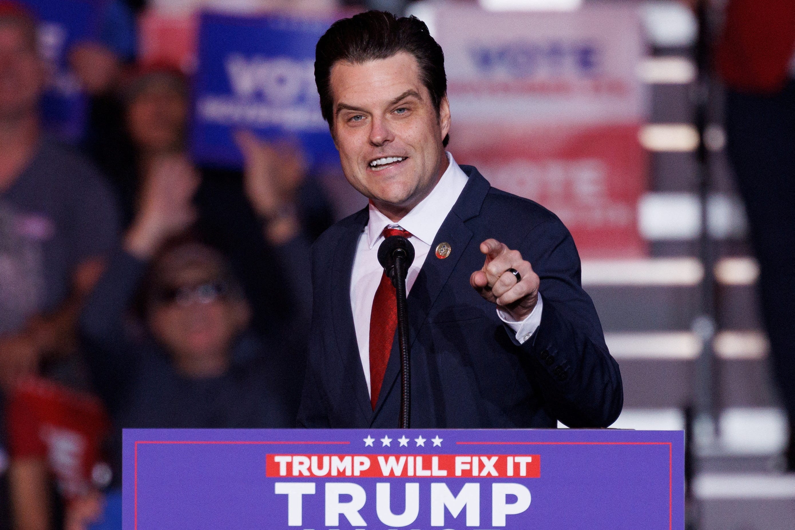 FILE PHOTO: Republican U.S. Representative Matt Gaetz speaks at a campaign rally for Republican presidential nominee and former U.S. President Donald Trump in Henderson, Nevada on October 31, 2024.