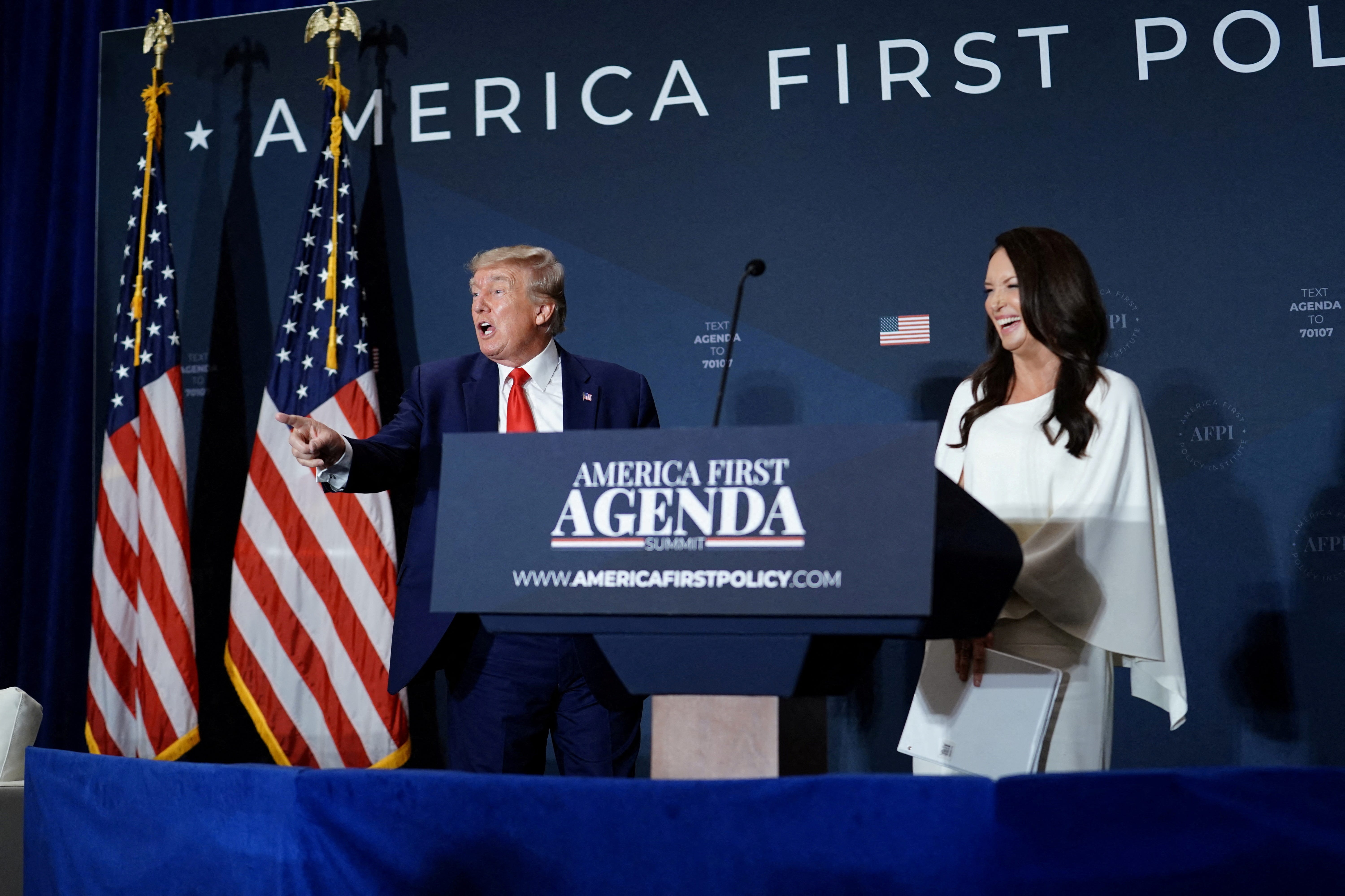 President-elect Donald Trump and Brooke Rollins, President and CEO of AFPI and former Director of the U.S. Domestic Policy Council, depart following remarks at the America First Policy Institute America First Agenda Summit in Washington, U.S., July 26, 2022.