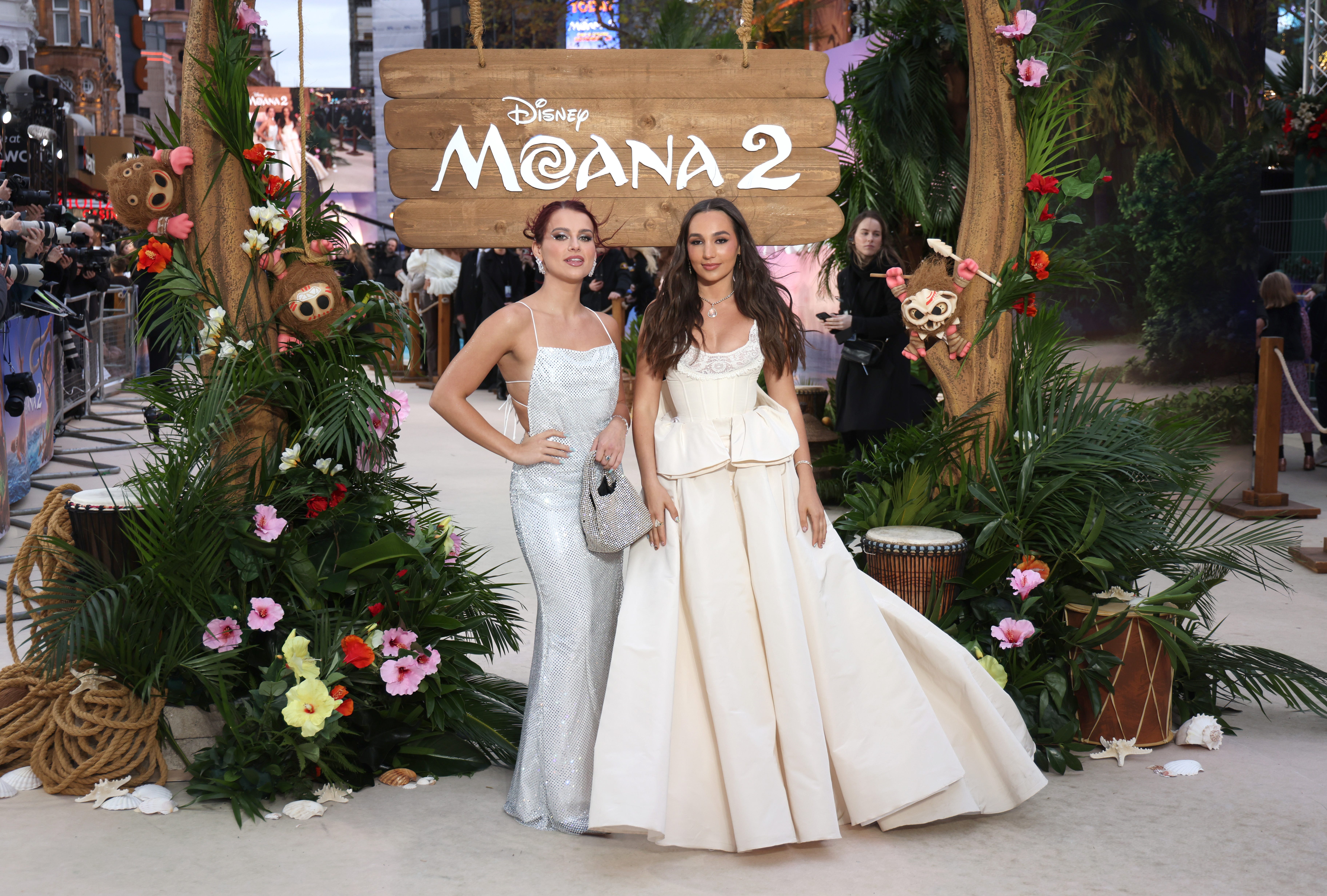 Abigail Barlow, left, and Emily Bear attend the U.K. premiere of Disney's "Moana 2" in London on Nov. 24, 2024.