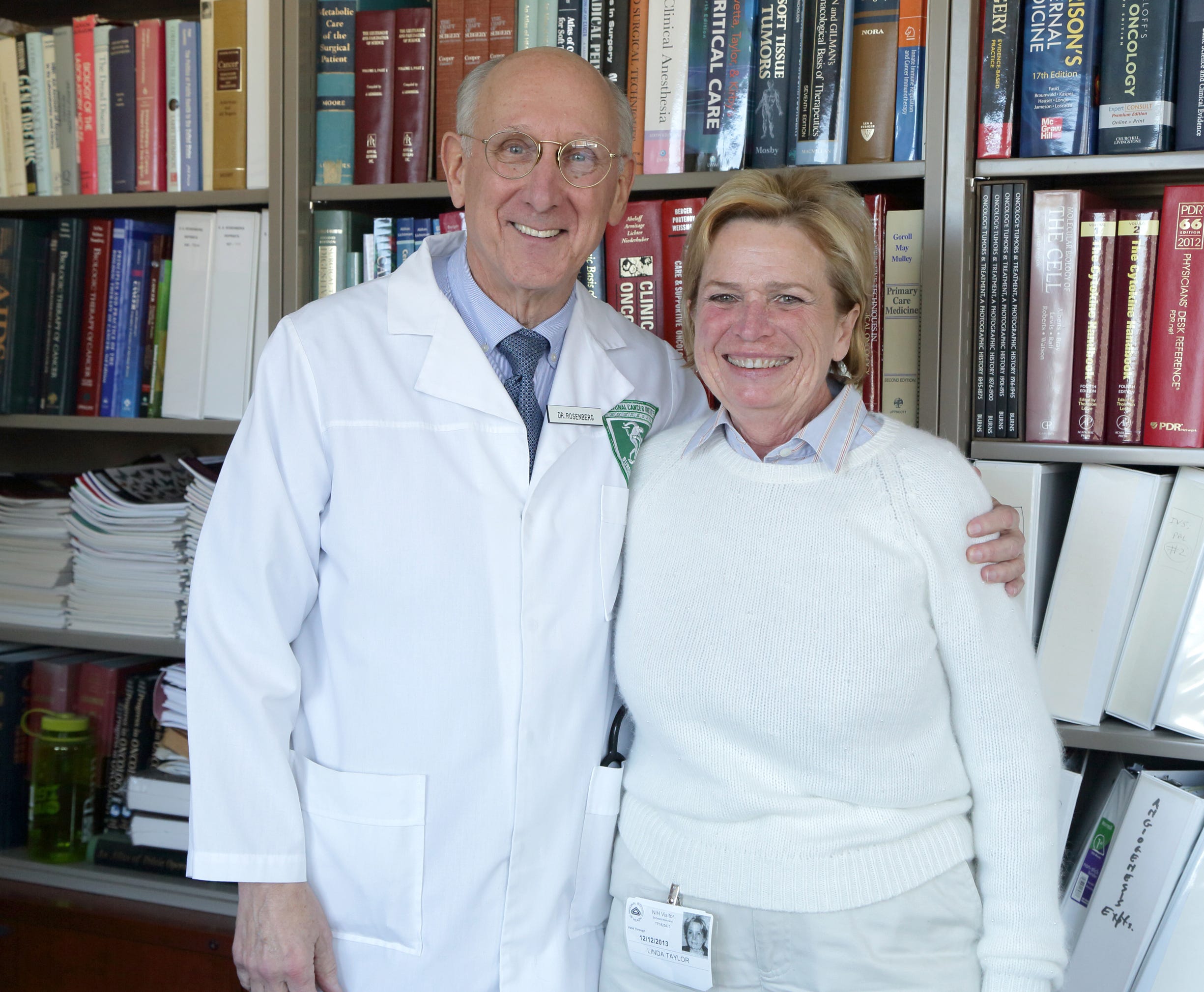 Dr. Steven Rosenberg reunites in December 2013 with former cancer patient Linda Taylor, who had suffered from terminal metastatic melanoma. On Nov. 29, 1984, he started treating the Navy officer and she became the first cancer patient to be cured by immunotherapy.