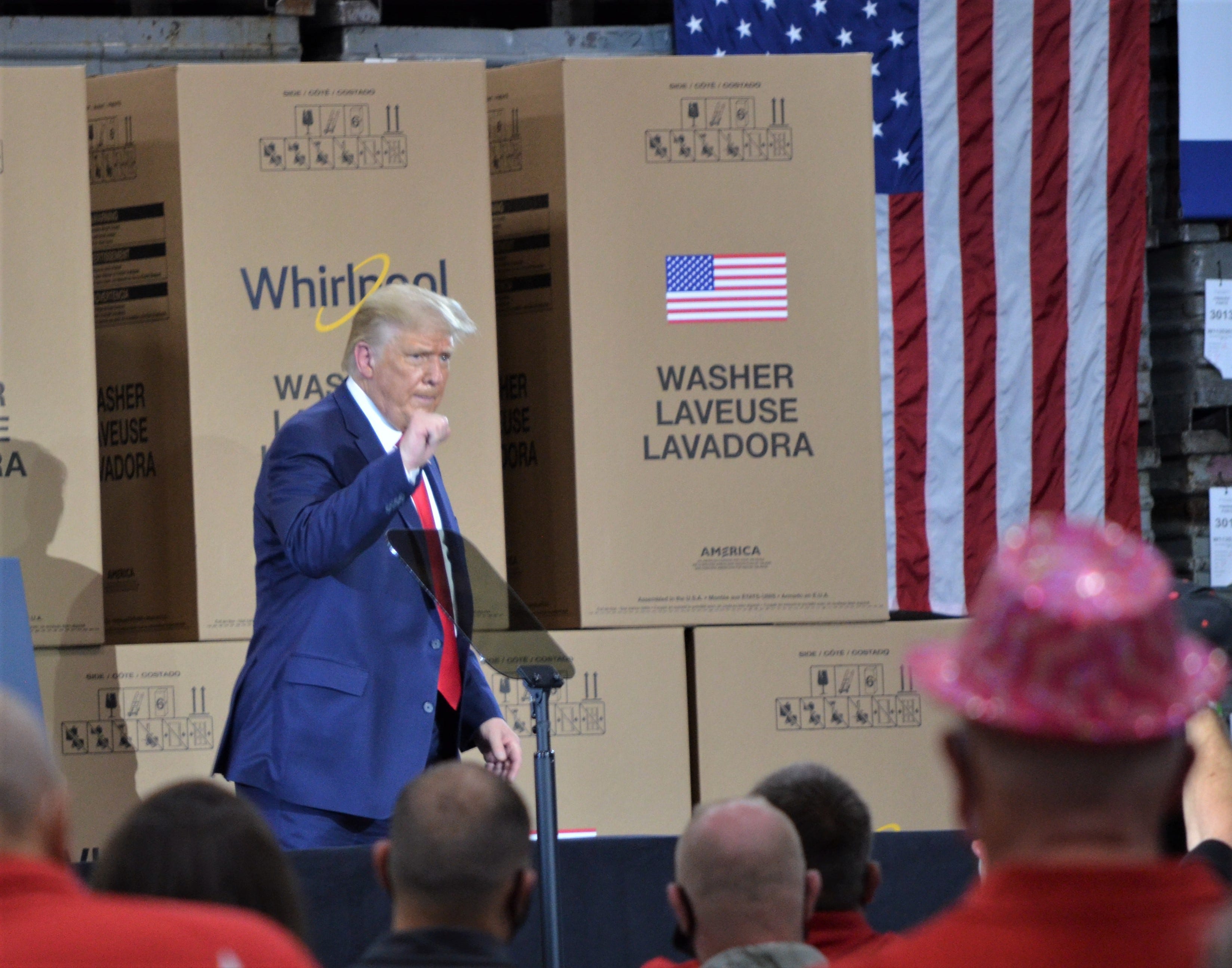 President Donald Trump acknowledges fans at the Clyde Whirlpool plant Thursday while touting his passage of tariffs against companies for flooding the washing machine market with cheaper foreign-made products.    Trump 3