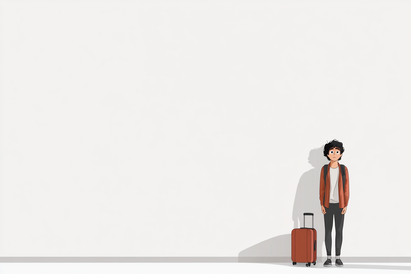 A traveler with luggage is standing in a tiny solid white room.