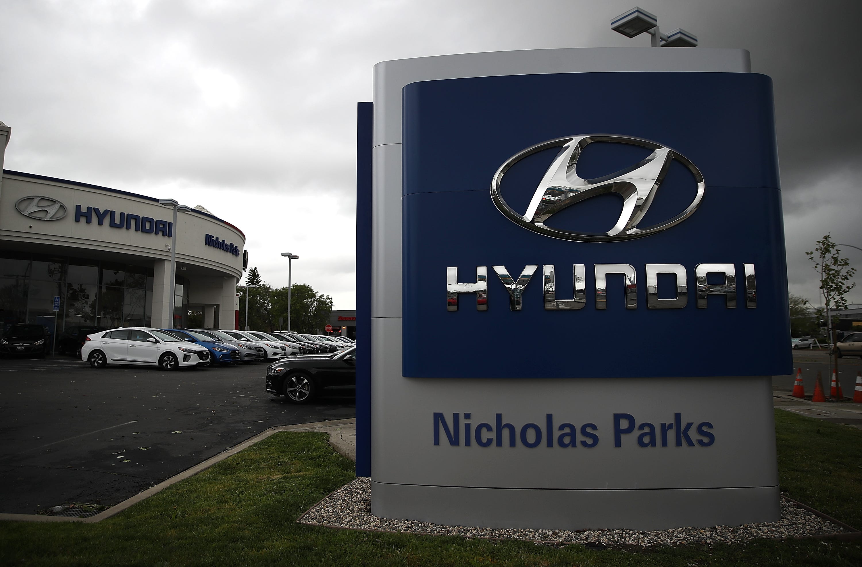 A sign with the Hyundai logo displayed at a Hyundai dealership on April 7, 2017 in San Leandro, California.