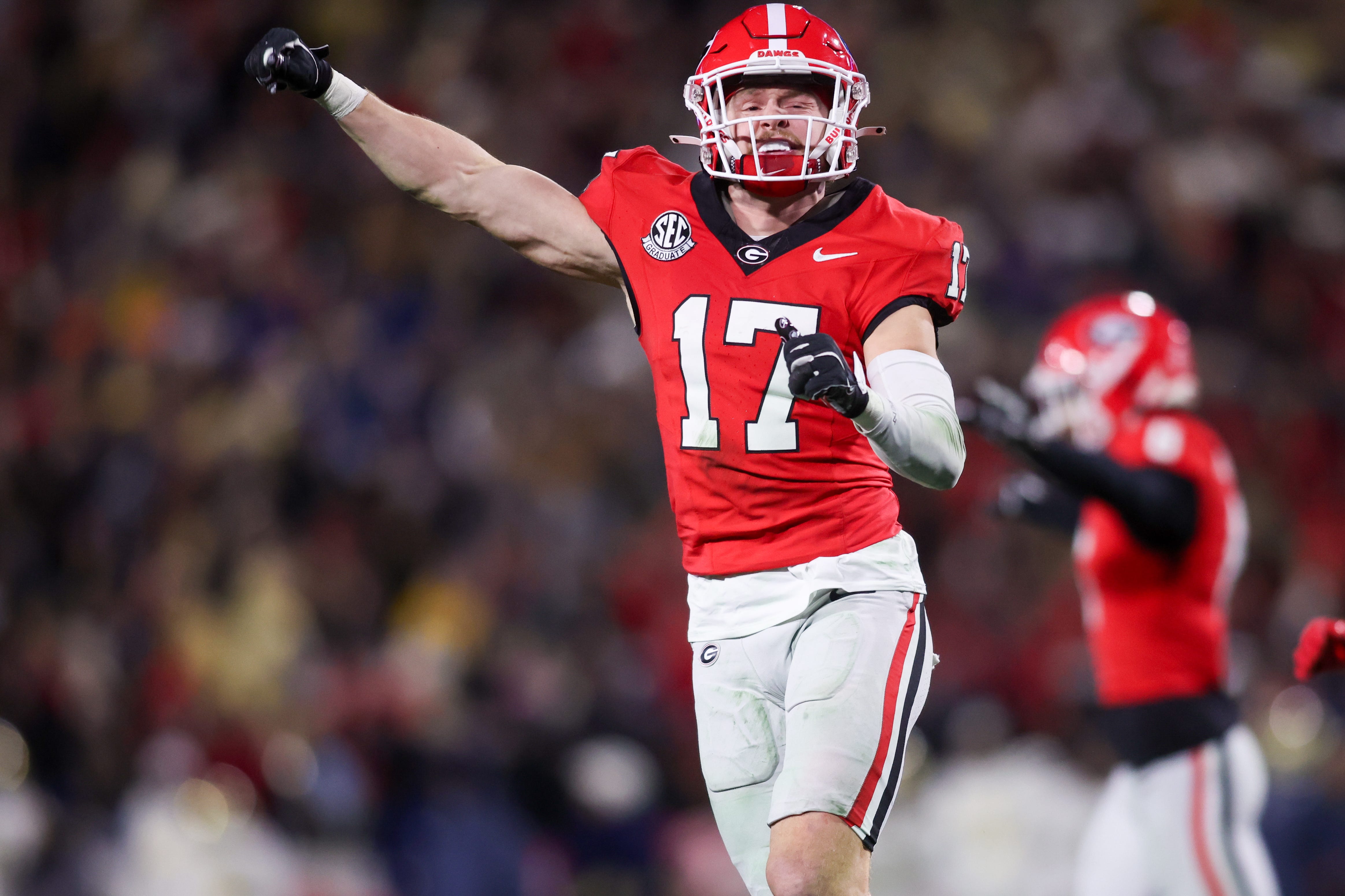 Georgia defensive back Dan Jackson reacts after a turnover on downs against Georgia Tech.