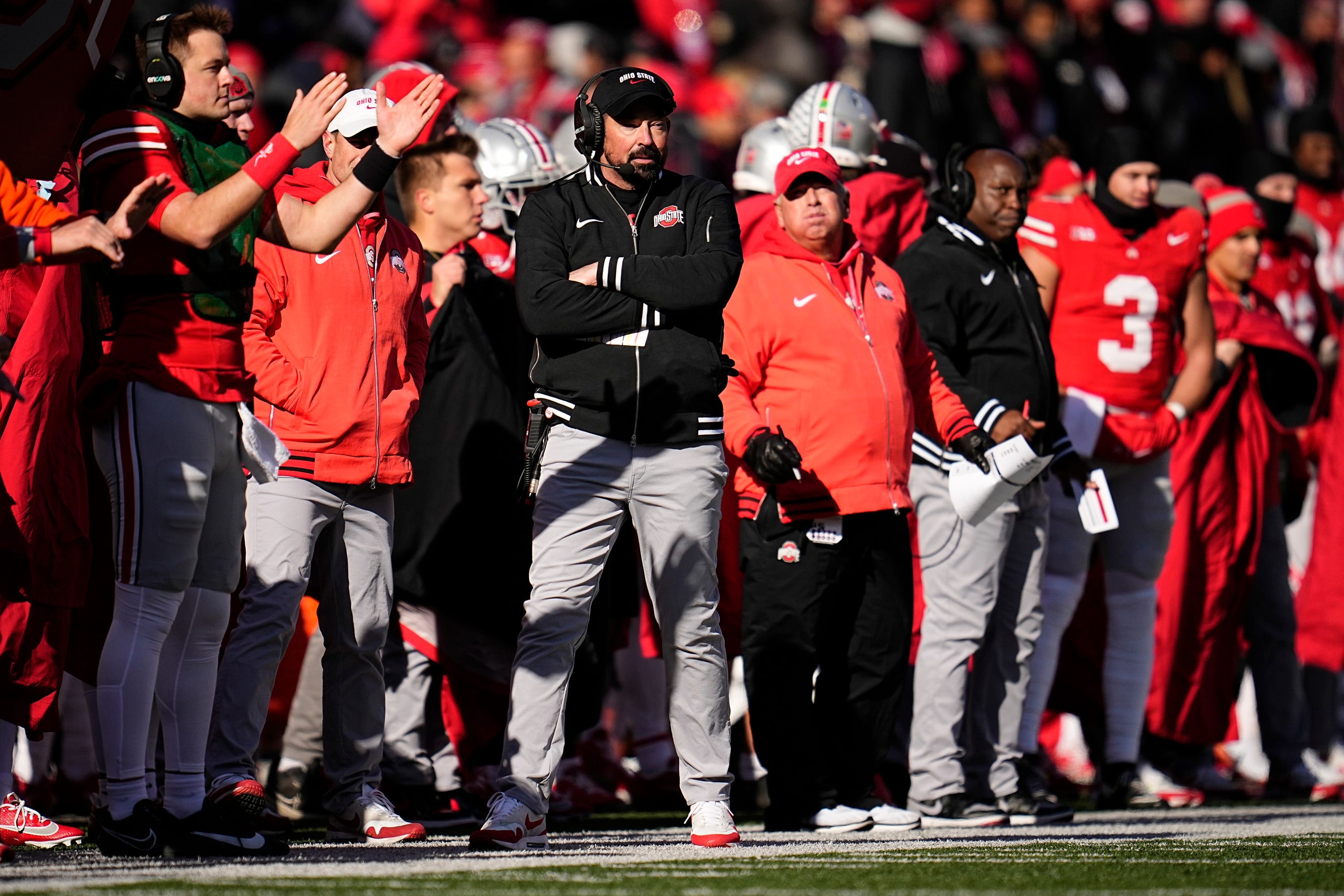 Ohio State coach Ryan Day watches his team during the first half against Michigan at Ohio Stadium in Columbus on Saturday, Nov. 30, 2024.