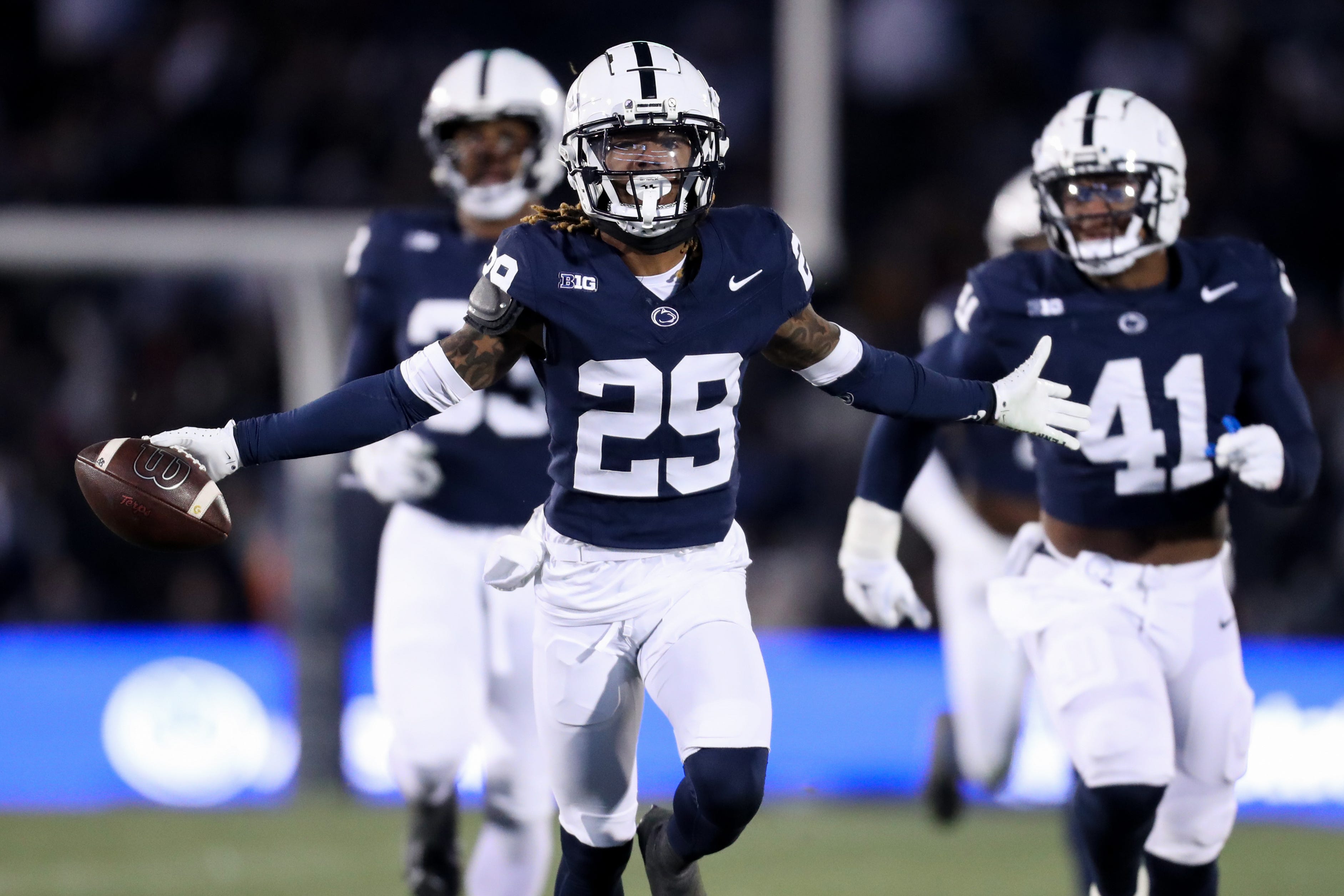 Penn State cornerback Audavion Collins (29) celebrates after an interception against Maryland during the second quarter at Beaver Stadium.