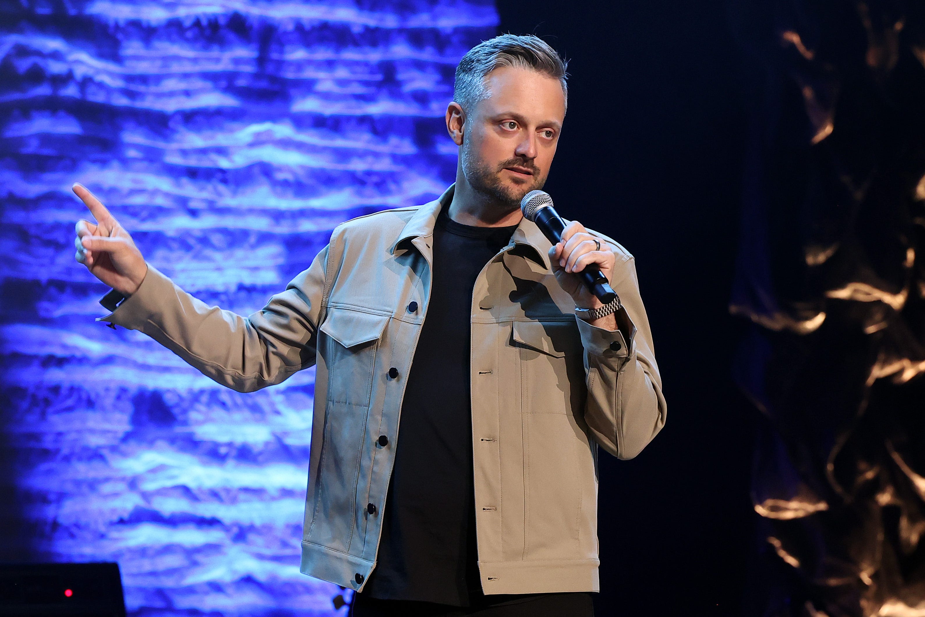 Nate Bargatze speaks onstage for "A Country Thing Happened On The Way To Cure Parkinson's" benefitting The Michael J. Fox Foundation, at The Fisher Center for the Performing Arts on April 26, 2023 in Nashville, Tennessee.