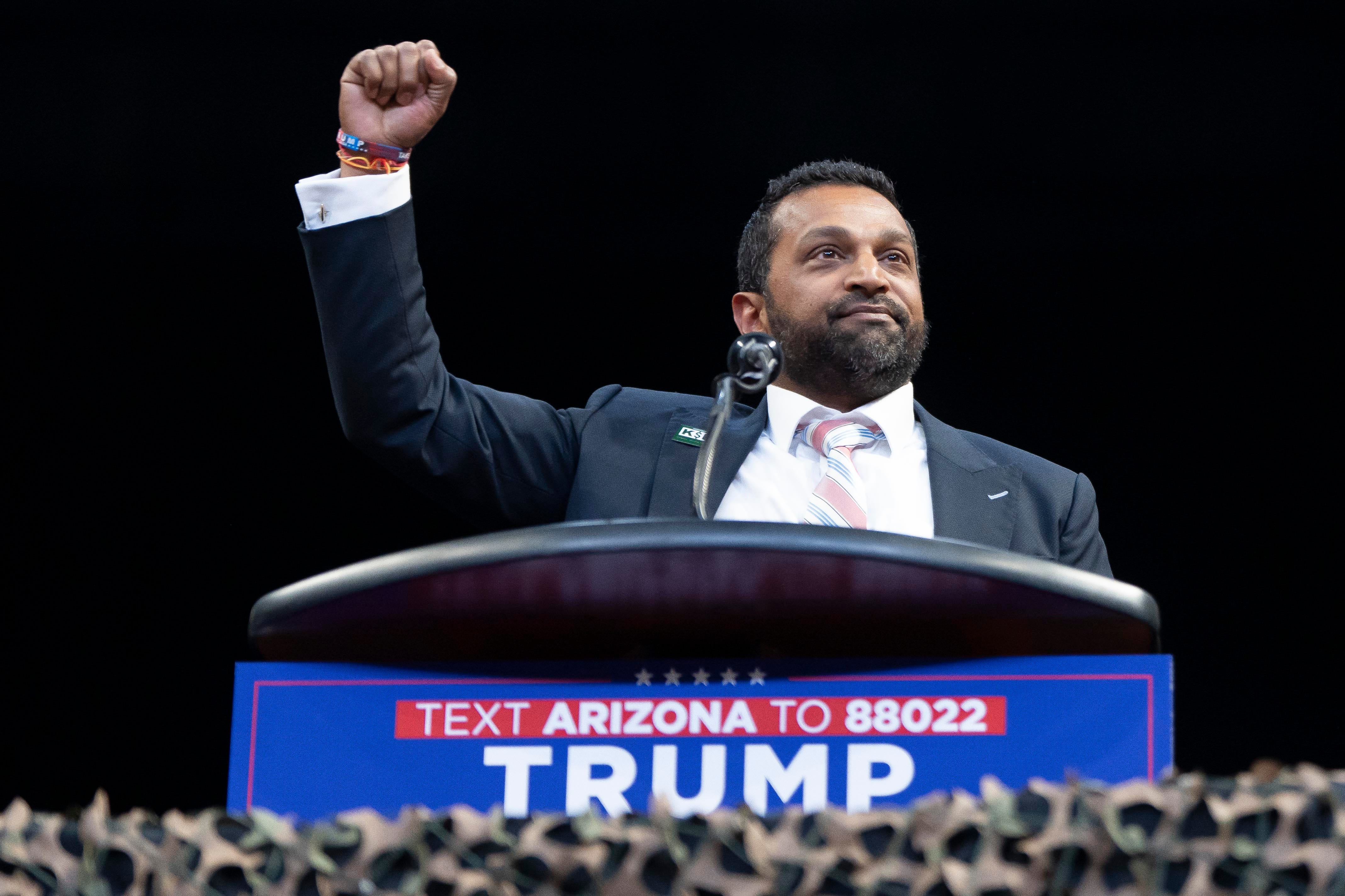 PRESCOTT VALLEY, ARIZONA - OCTOBER 13: Former Chief of Staff to the U.S. Secretary of Defense Kash Patel speaks during a campaign rally for U.S. Republican presidential nominee, former President Donald Trump at Findlay Toyota Center on October 13, 2024 in Prescott Valley, Arizona. With 22 days to go until election day, former President Donald Trump is campaigning in the battleground state Arizona. (Photo by Rebecca Noble/Getty Images)