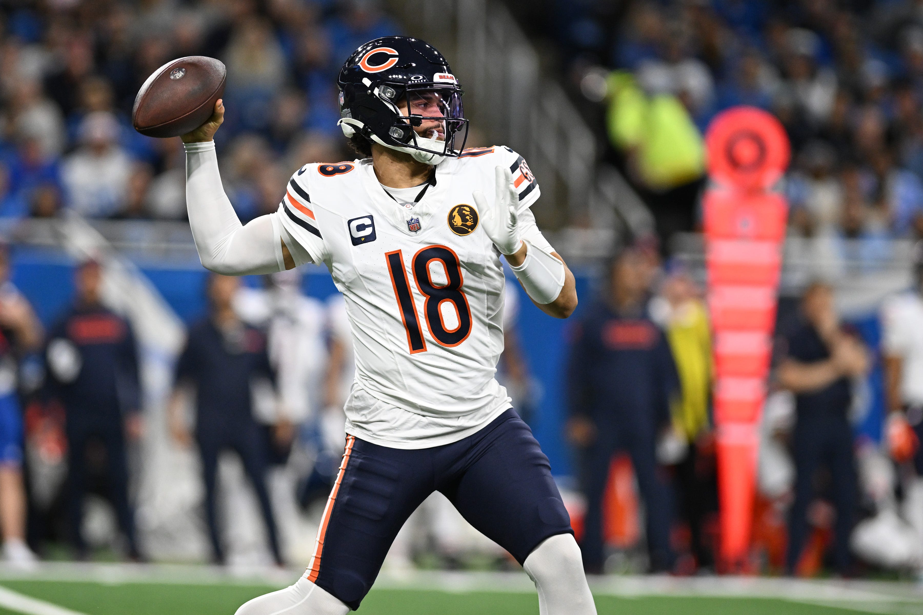 Chicago Bears quarterback Caleb Williams (18) throws a pass against the Detroit Lions in the second quarter at Ford Field in Detroit on Nov 28, 2024.