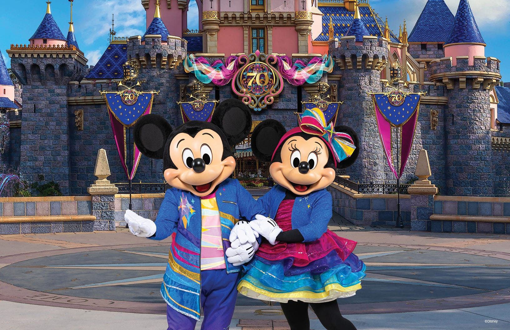 Mickey Mouse, Minnie Mouse and their pals will dress in custom looks designed just for Disneyland's 70th anniversary celebration.