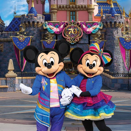 Mickey Mouse, Minnie Mouse and their pals will dress in custom looks designed just for Disneyland's 70th anniversary celebration.