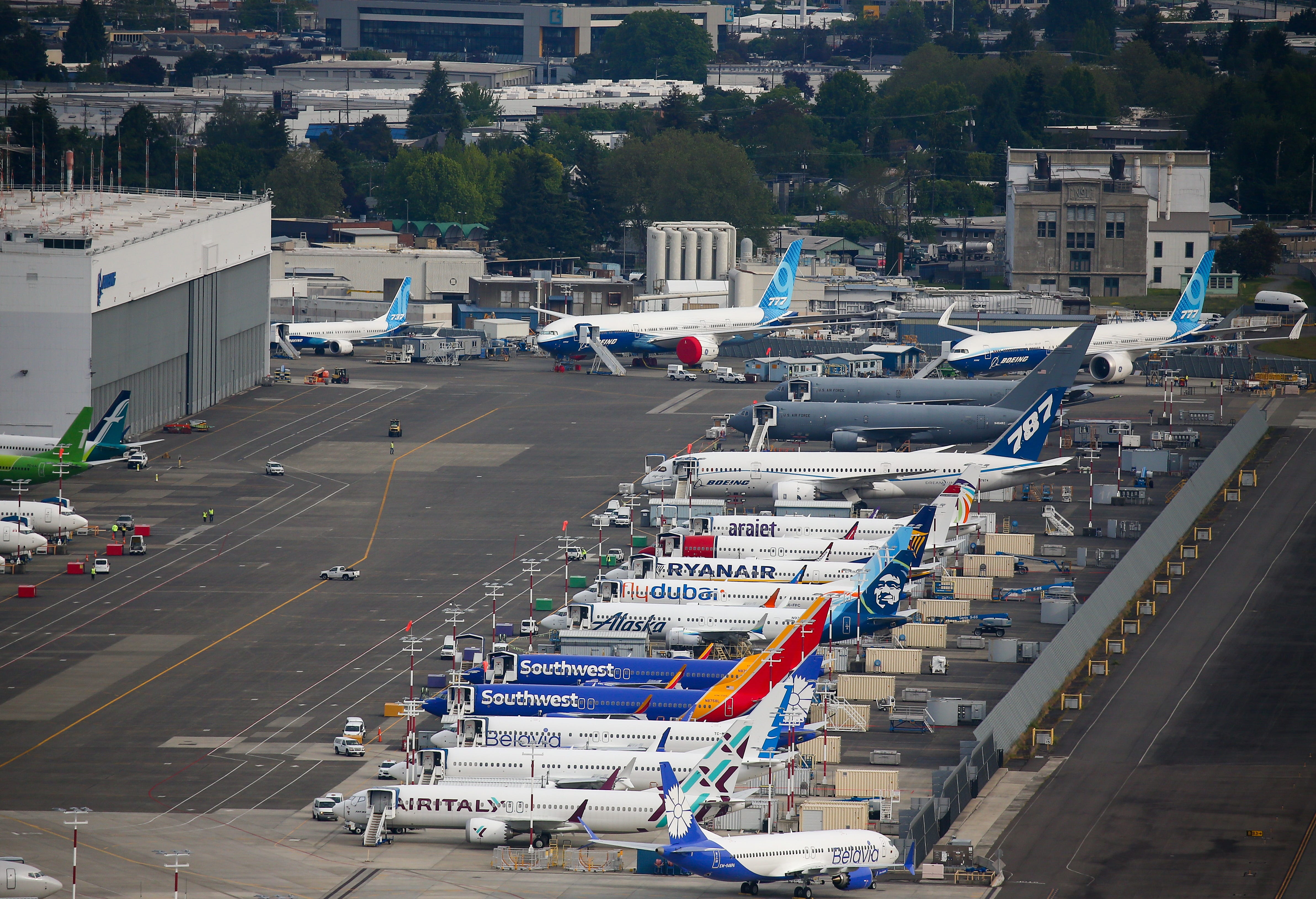 An aerial view of Boeing aircraft parked at Boeing facilities in King County International Airport-Boeing Field in Seattle, Washington, U.S, June 1, 2022. REUTERS/Lindsey Wasson