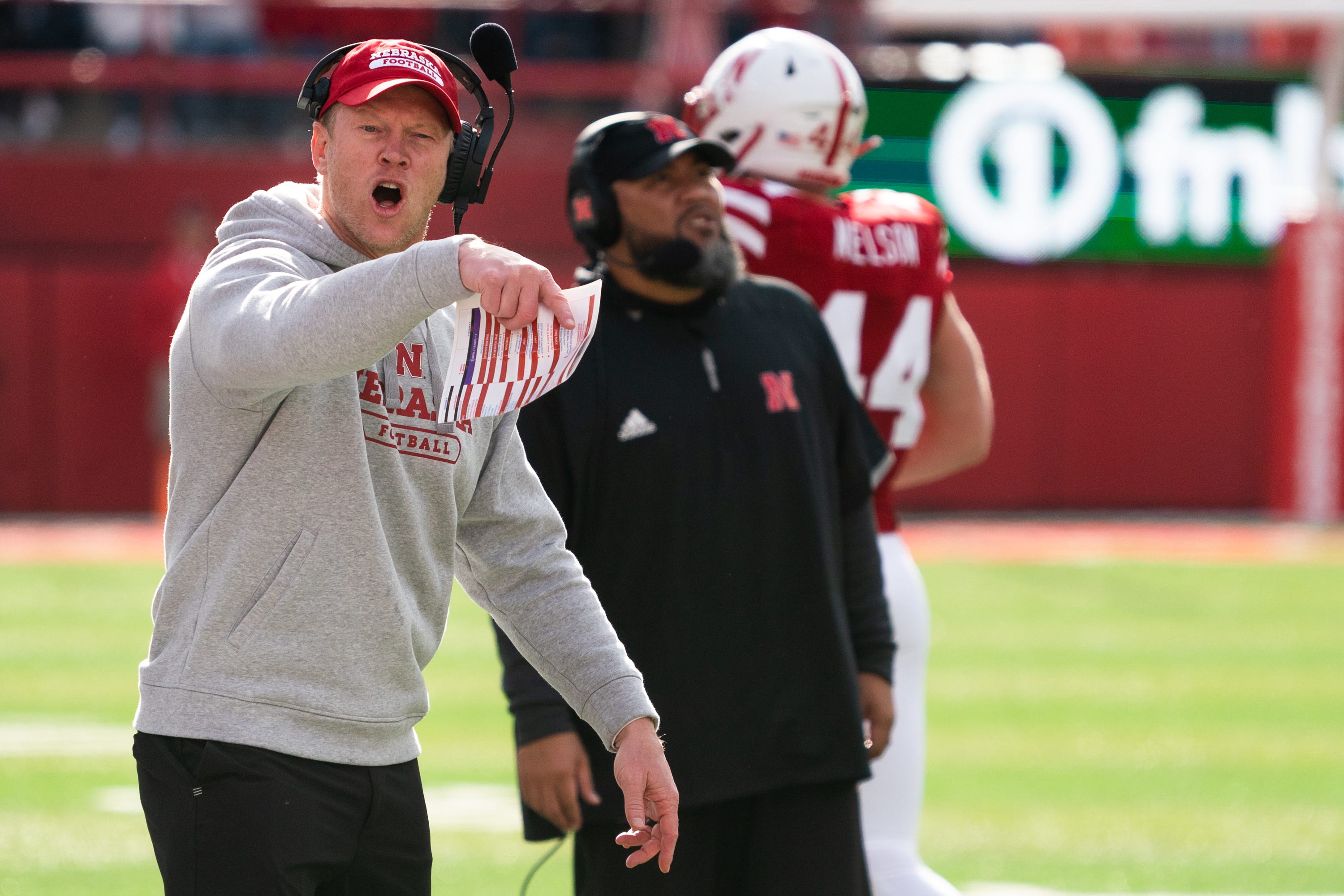 Nov 26, 2021; Lincoln, Nebraska, USA; Nebraska Cornhuskers head coach Scott Frost reacts to a call during the first quarter against the Iowa Hawkeyes at Memorial Stadium. Mandatory Credit: Dylan Widger-USA TODAY Sports