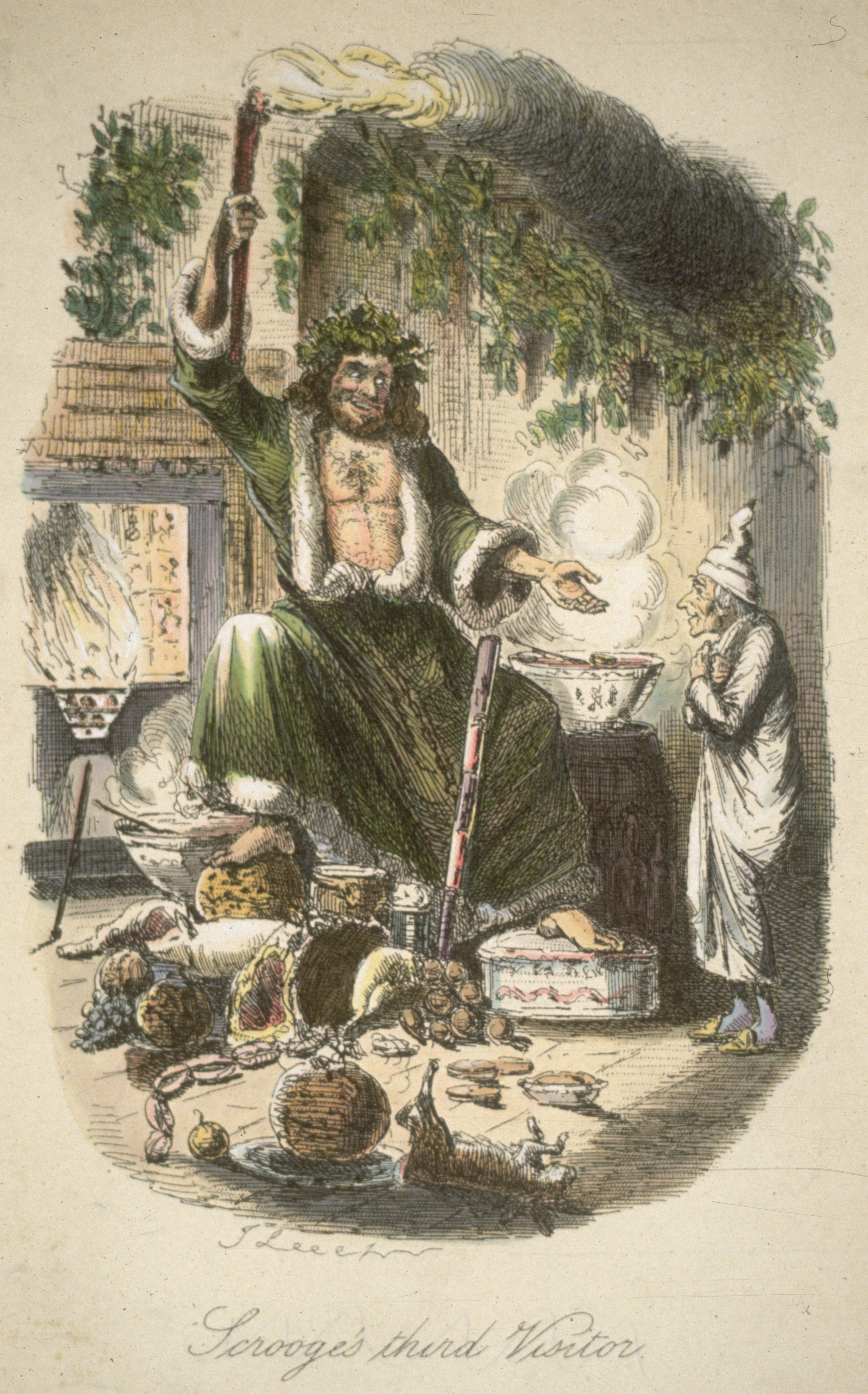 The Ghost of Christmas Present appears to the miserly Scrooge with a lavish Christmas spread, in a scene from Charles Dickens' 'A Christmas Carol'. In an illustration from the original 1843 edition.
