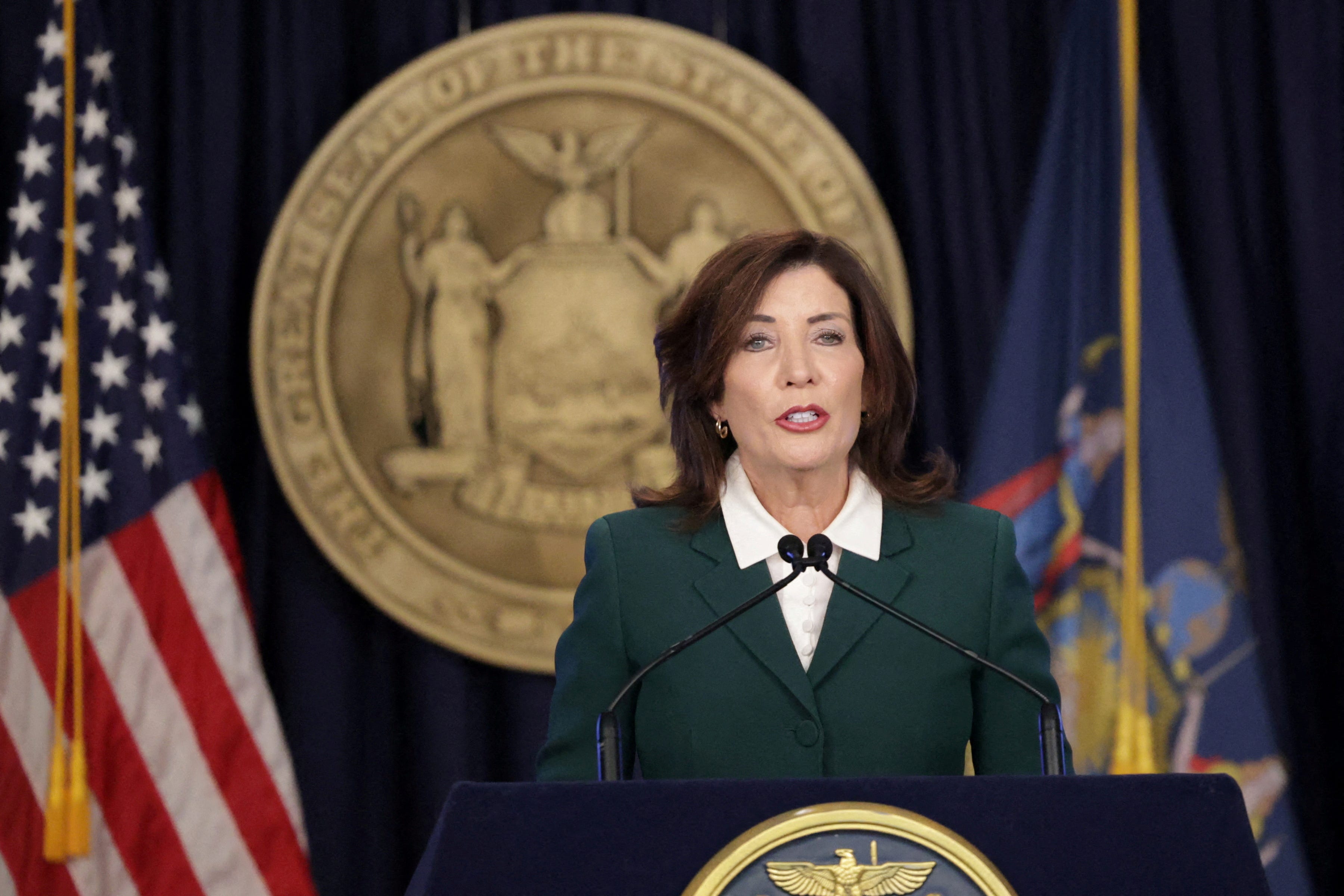 New York Gov. Kathy Hochul makes a transportation announcement on a revised congestion pricing plan at a press conference in New York City on Nov. 14, 2024.
