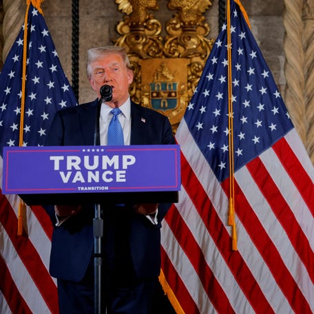 President-elect Donald Trump delivers remarks at Mar-a-Lago in Palm Beach, Florida, U.S., December 16, 2024.