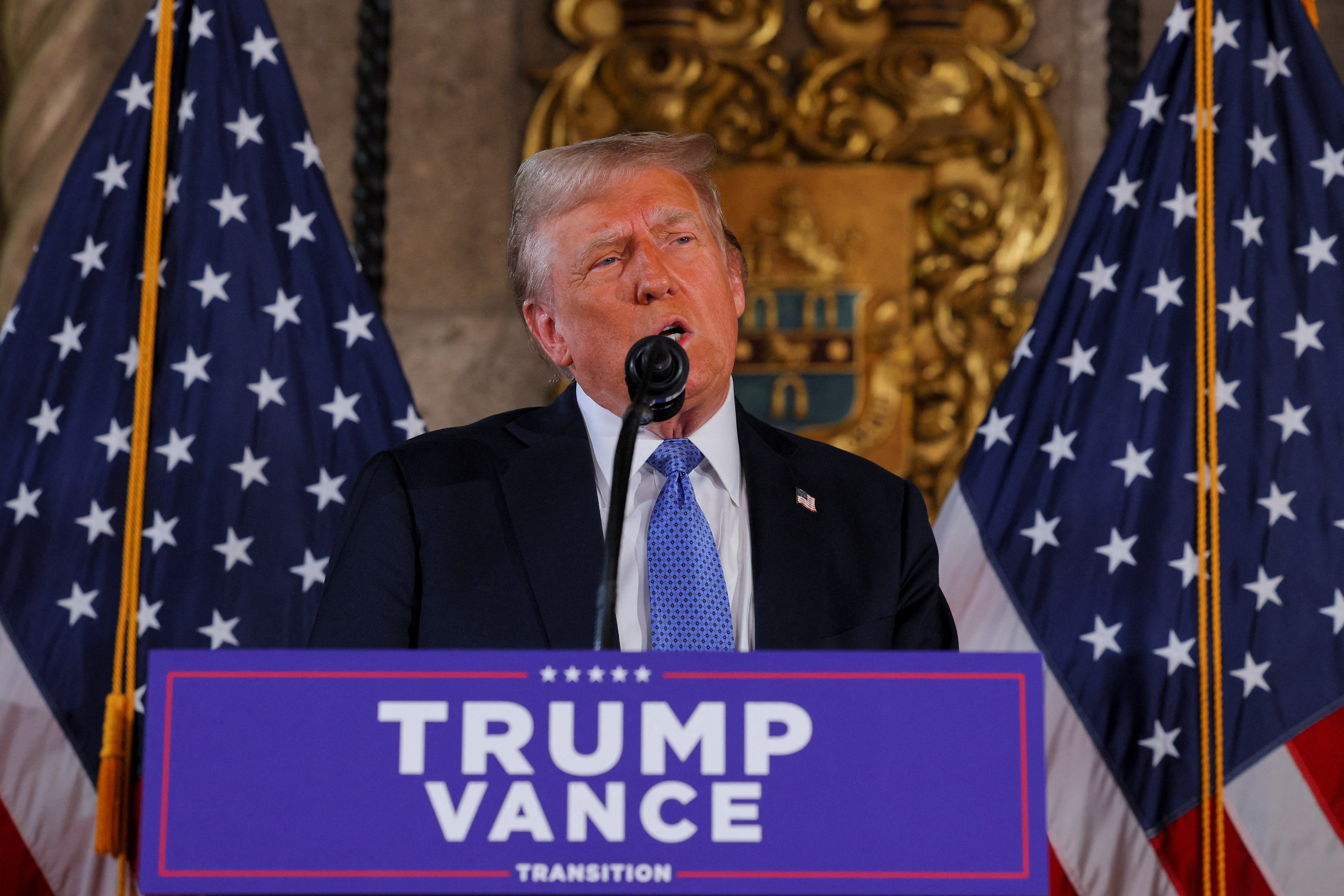 President-elect Donald Trump delivers remarks at his Mar-a-Lago estate in Palm Beach, Fla., on Dec. 16, 2024.
