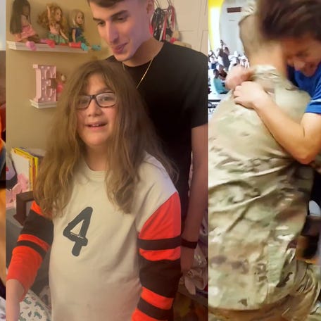 Happy holiday homecomings are even more emotional when the trio of surprises features members of the military.