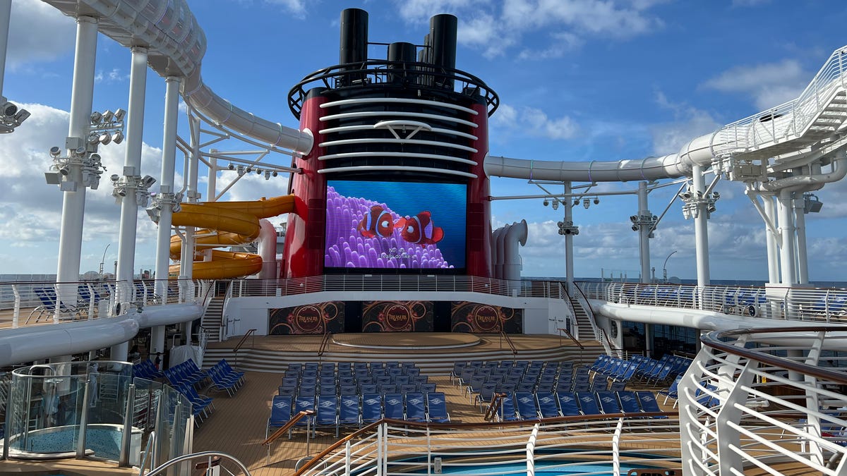 Day and night, guests can watch movies on Funnel Vision aboard the Disney Treasure.