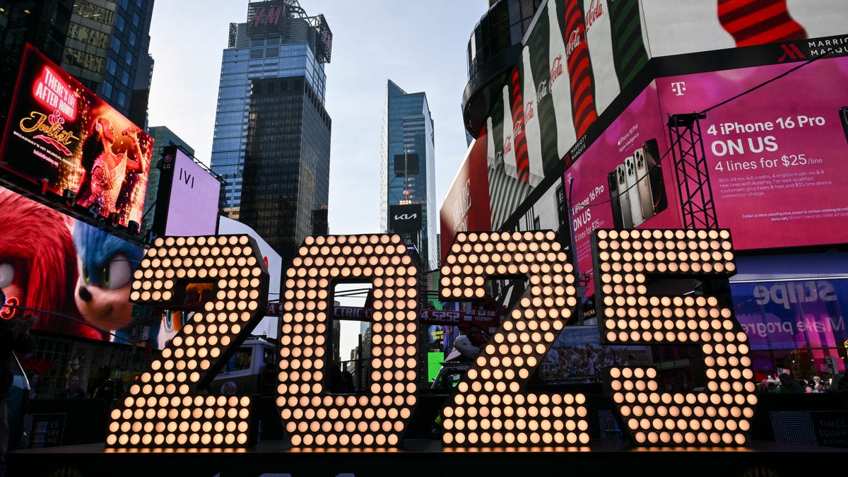 The 2025 numerals are displayed after an illumination ceremony in Times Square on December 18, 2024 in New York City. The 2025 numerals arrive in Times Square for the New Year's Eve ball drop, in New York.