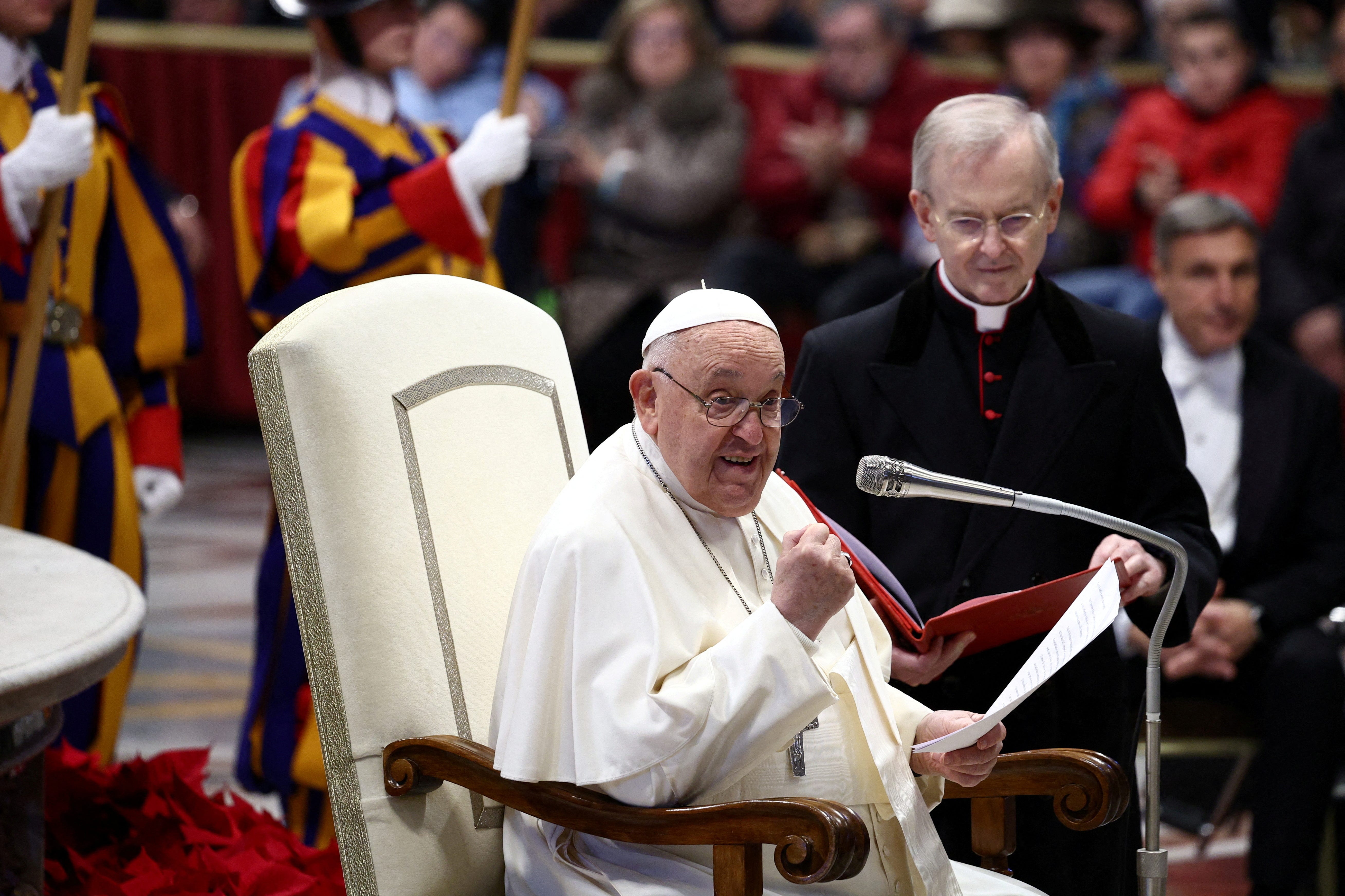 FILE PHOTO: Pope Francis meets with the Italian pilgrims of the Camino de Santiago cared for by the Don Guanella organization at St. Peter's Basilica, at the Vatican, December 19, 2024. REUTERS/Guglielmo Mangiapane/File Photo