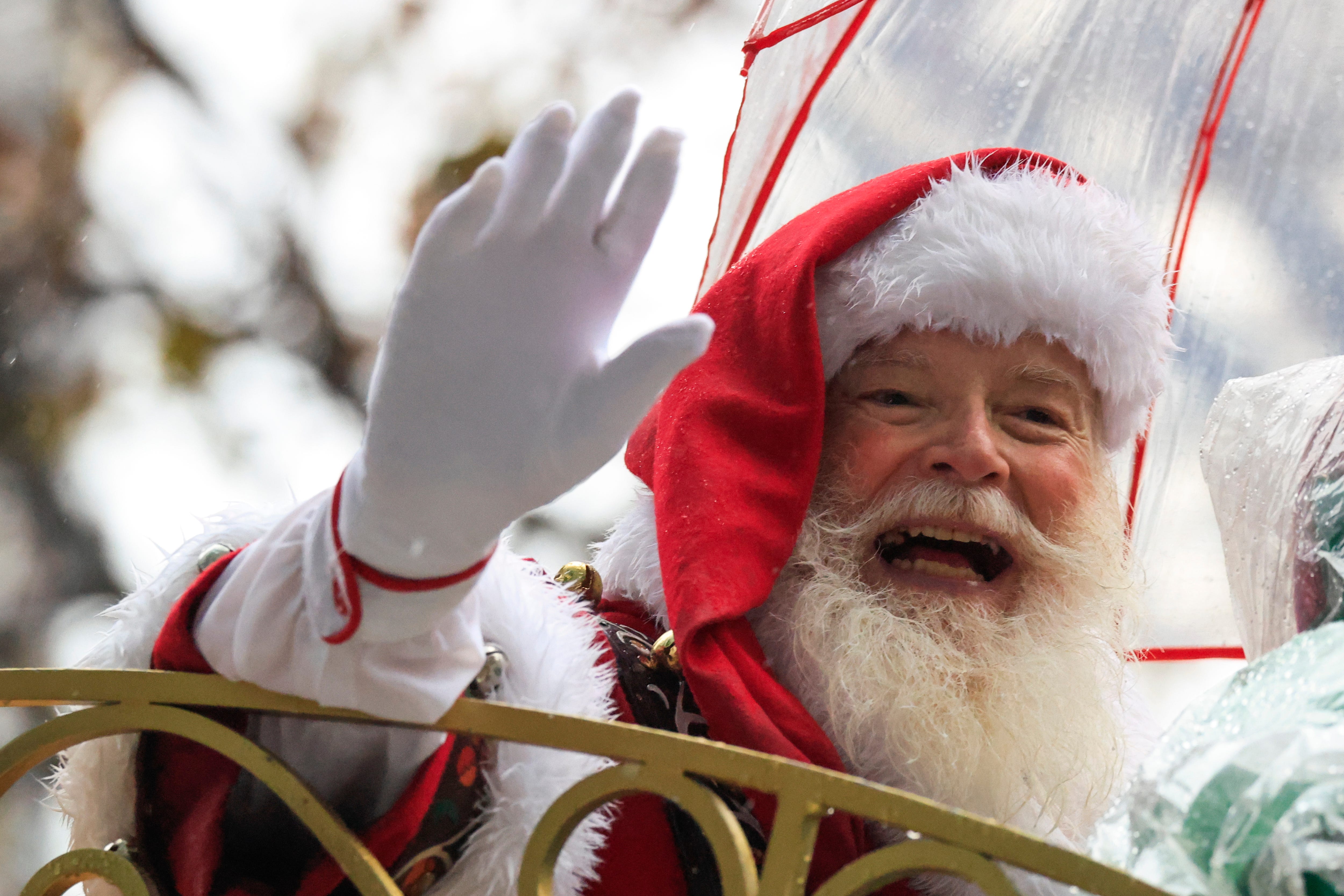 Santa Claus waves during the Thanksgiving Day Parade on Nov. 28, 2024, in New York City.