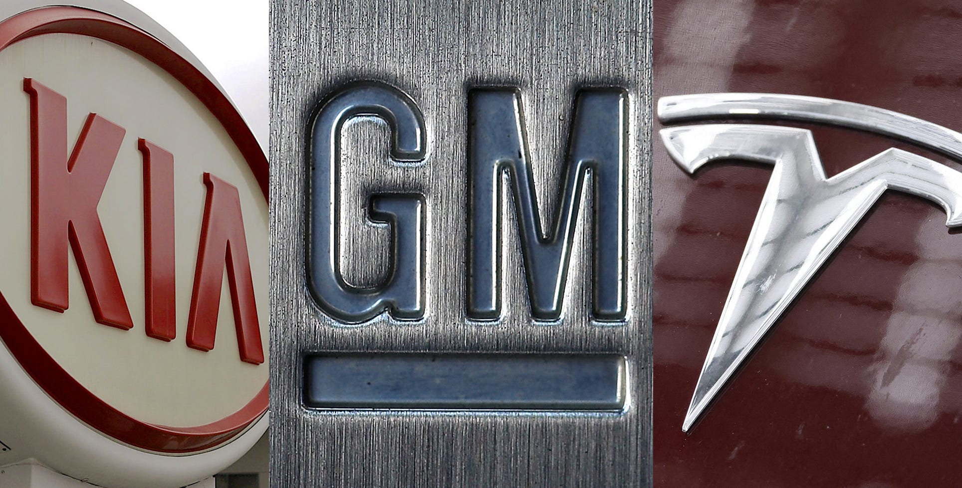 Logos for KIA, General Motors and Tesla are seen in a combo image.