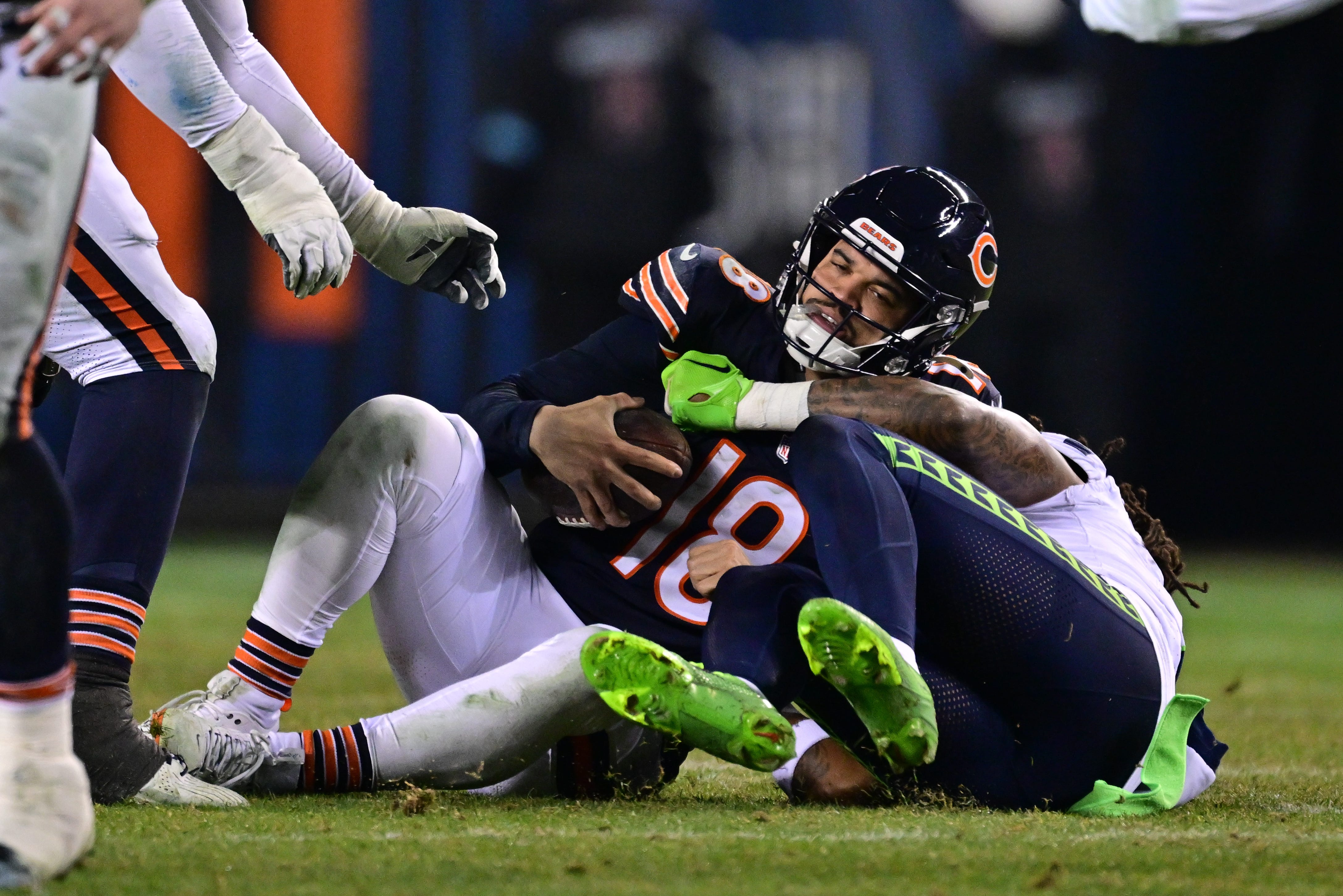 Chicago Bears quarterback Caleb Williams was sacked seven times on Thursday night.