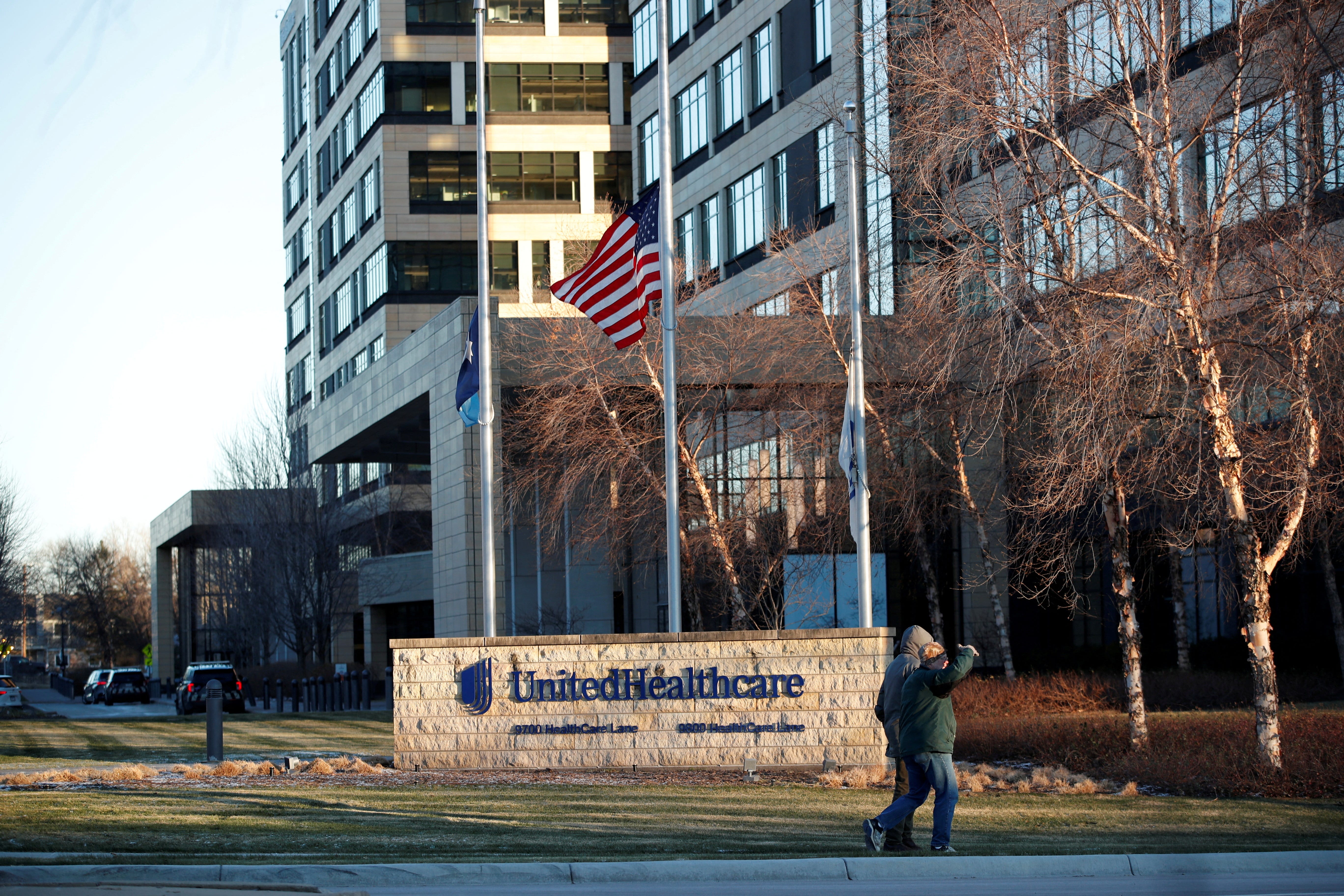 FILE PHOTO: Flags fly at half-staff outside of the office of UnitedHealthcare, the day after the CEO of UnitedHealthcare, Brian Thompson was shot dead, in Minnetonka, Minnesota, U.S., December 5, 2024.