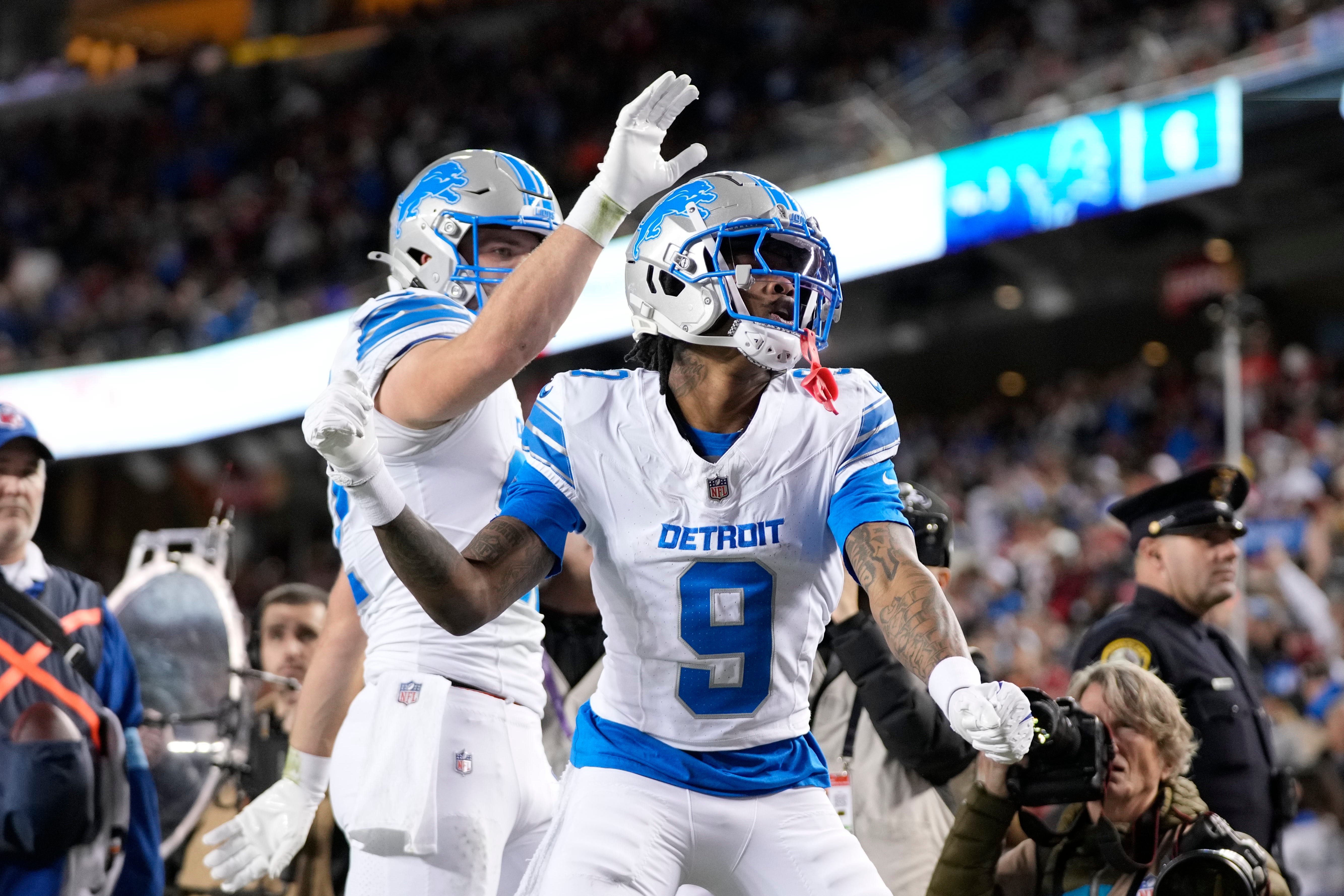 Detroit Lions wide receiver Jameson Williams (9) celebrates after scoring a touchdown against the San Francisco 49ers.