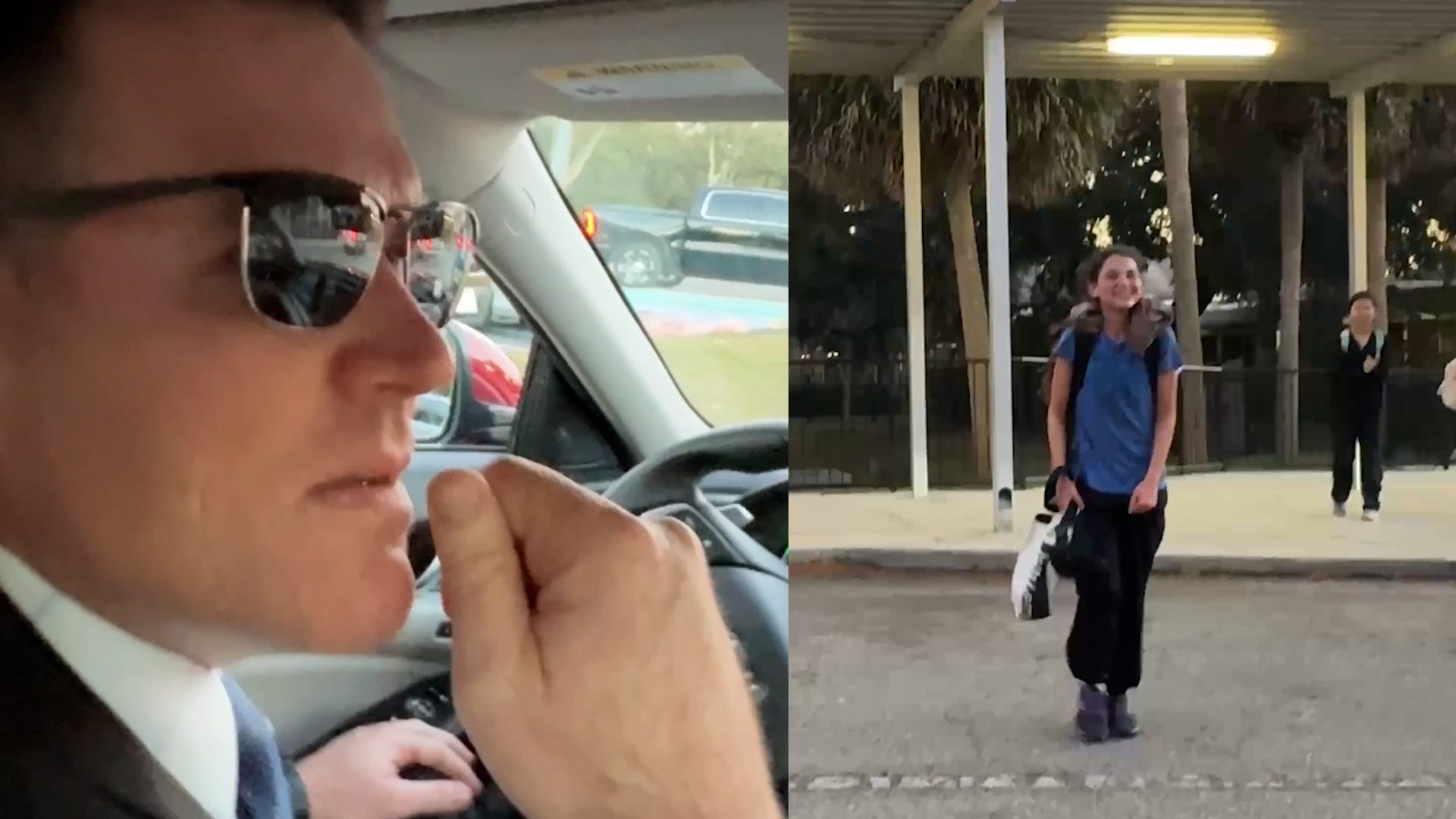 A dad took his daughter's new role as class president very seriously as he poses as her secret service while picking her up for school in Orlando, Florida.