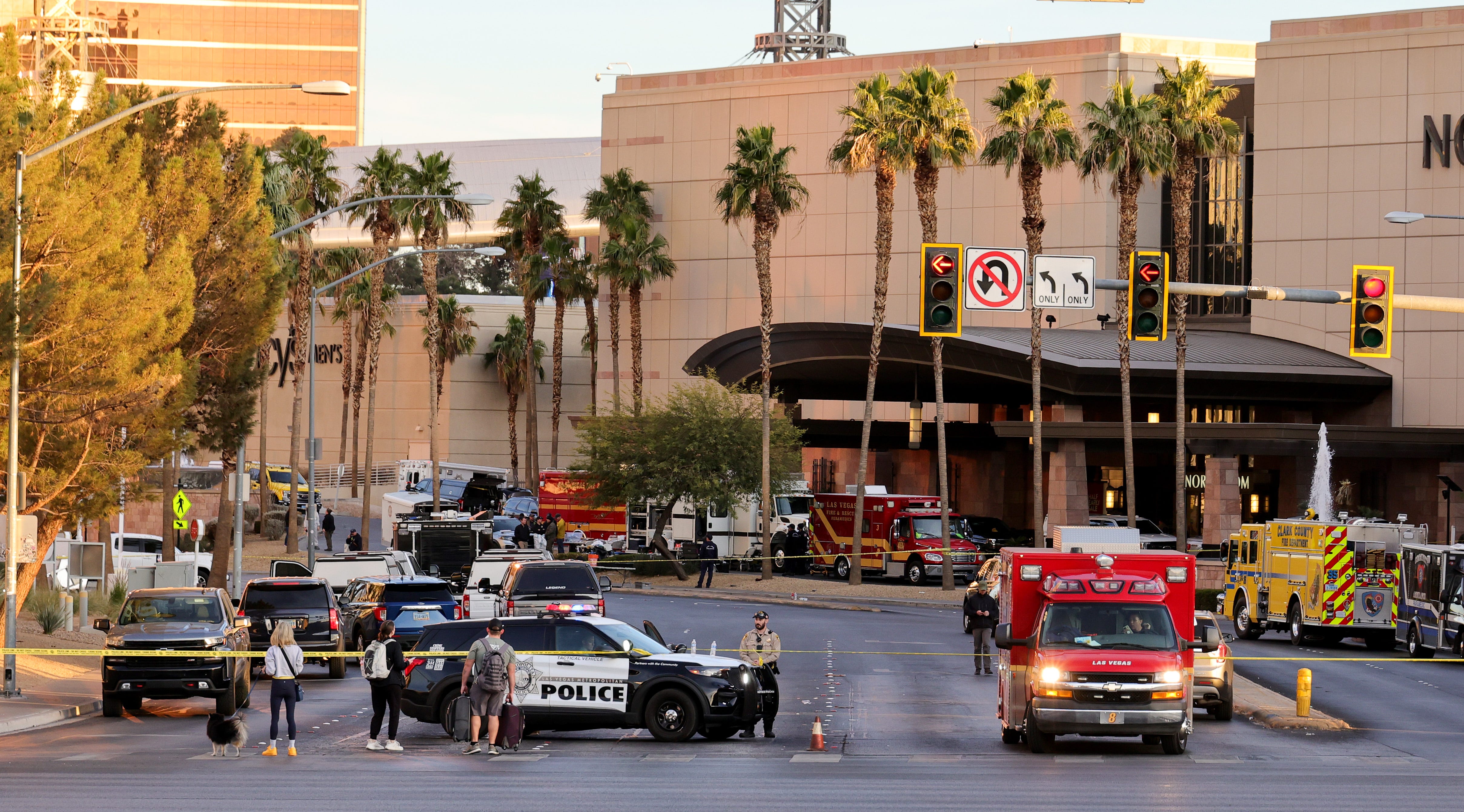 A Las Vegas Metropolitan Police Department vehicle blocks the road near the Trump International Hotel & Tower Las Vegas after a Tesla Cybertruck exploded in front of the entrance on January 01, 2025 in Las Vegas, Nevada.