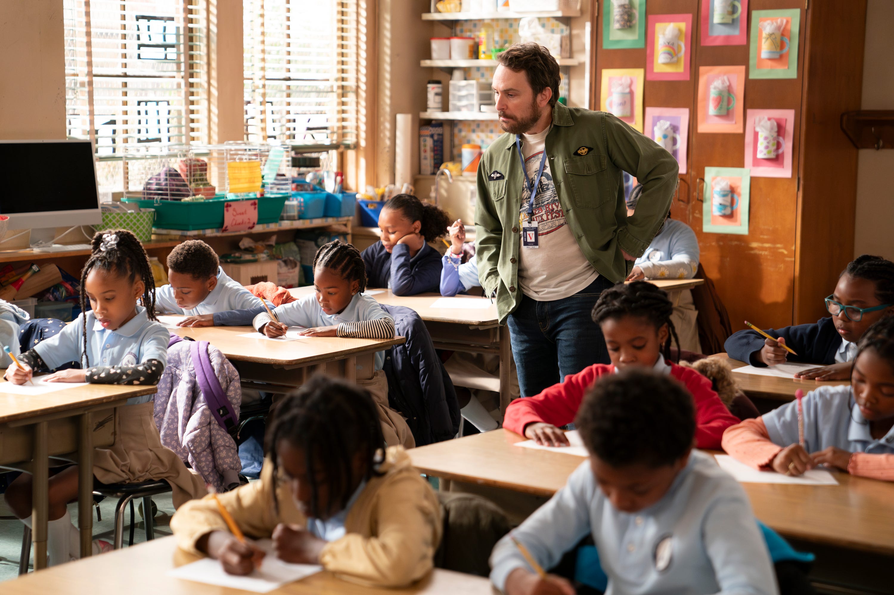 Charlie Day in "Abbott Elementary" and "It's Always Sunny in Philadelphia" crossover episode "Volunteers" during Season 4.