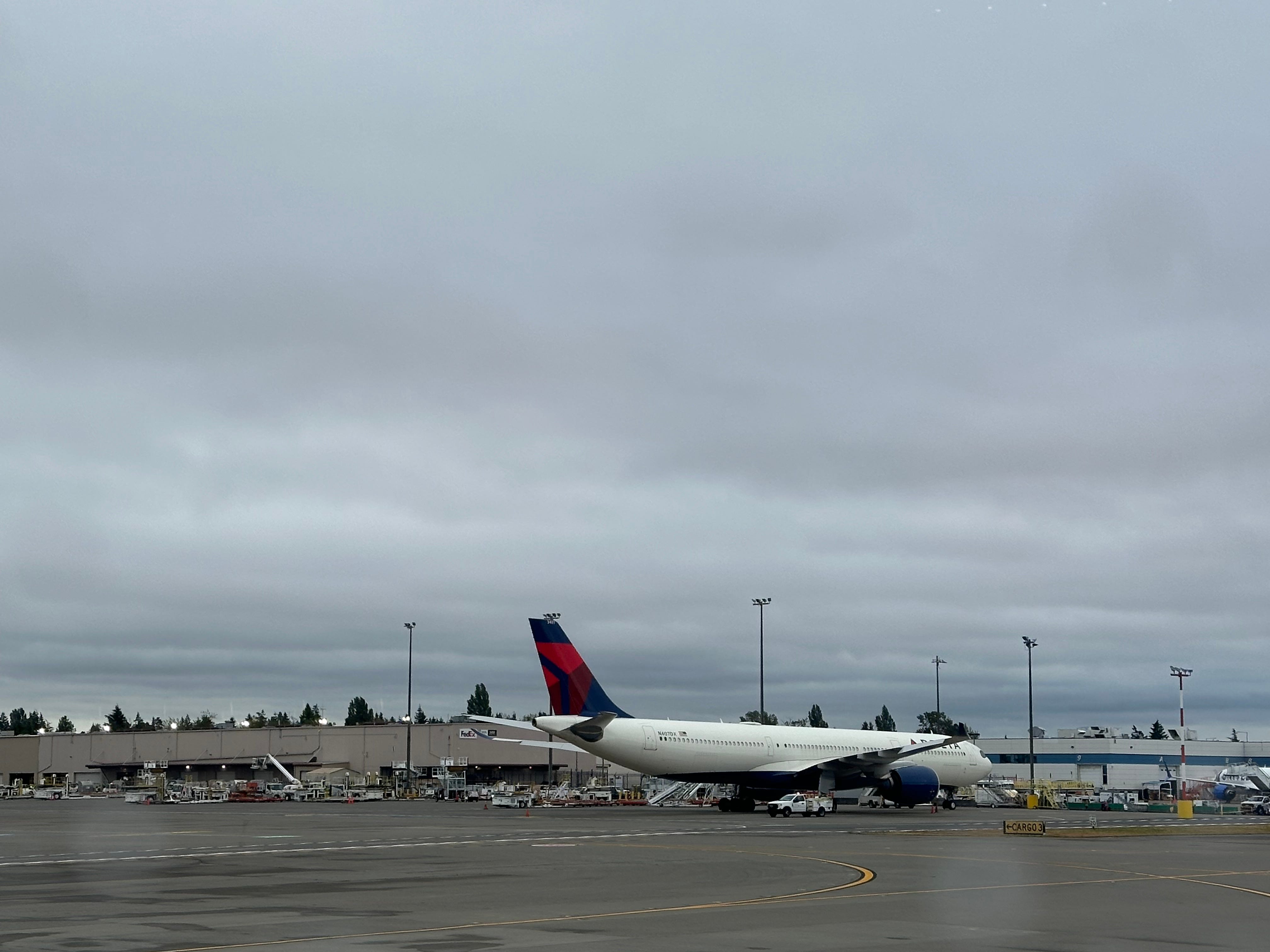 A Delta Air Lines jet under cloudy skies at Seattle-Tacoma International Airport on June 27, 2024.